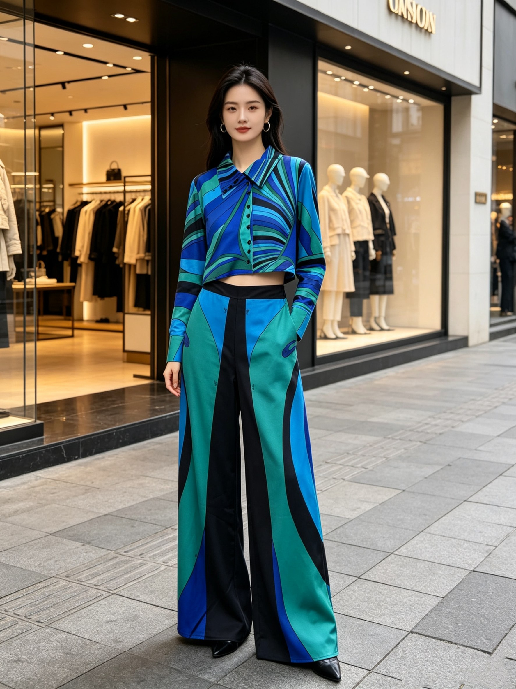 NO:926559,Suit PUC's latest multi-color geometric swirl printed lapel long-sleeved shirt + casual wide-leg trousers, two-piece suit.SMLXL,,shirts,19860909套装PUC*新款多色几何漩涡印花翻领长袖衬衫＋休闲阔腿长裤 套装两件套.SMLXL,,shirts,,Women's clothing