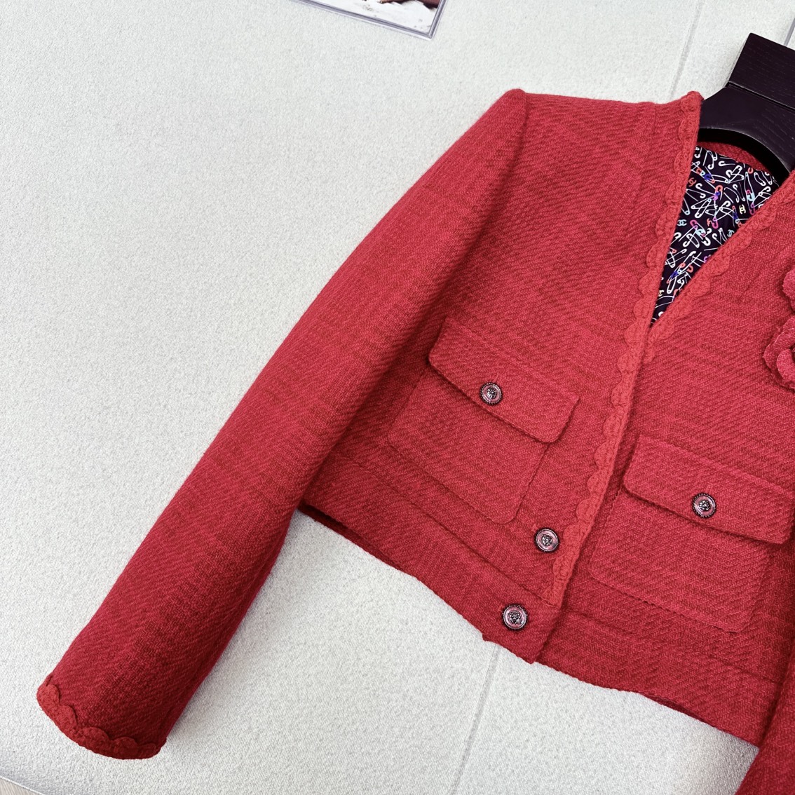Elegant Tweed Jacket with Camellia Decor - Chanel Style, Designer Knitwear 6 i1731862765 5051 2