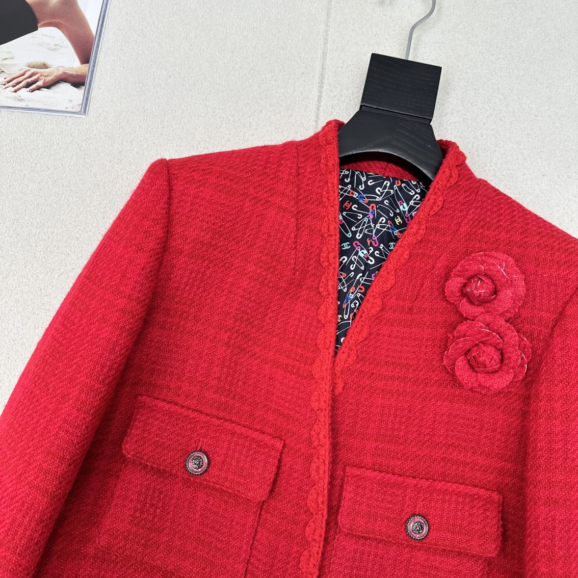 Elegant Tweed Jacket with Camellia Decor - Chanel Style, Designer Knitwear 4 i1731862766 4178 4