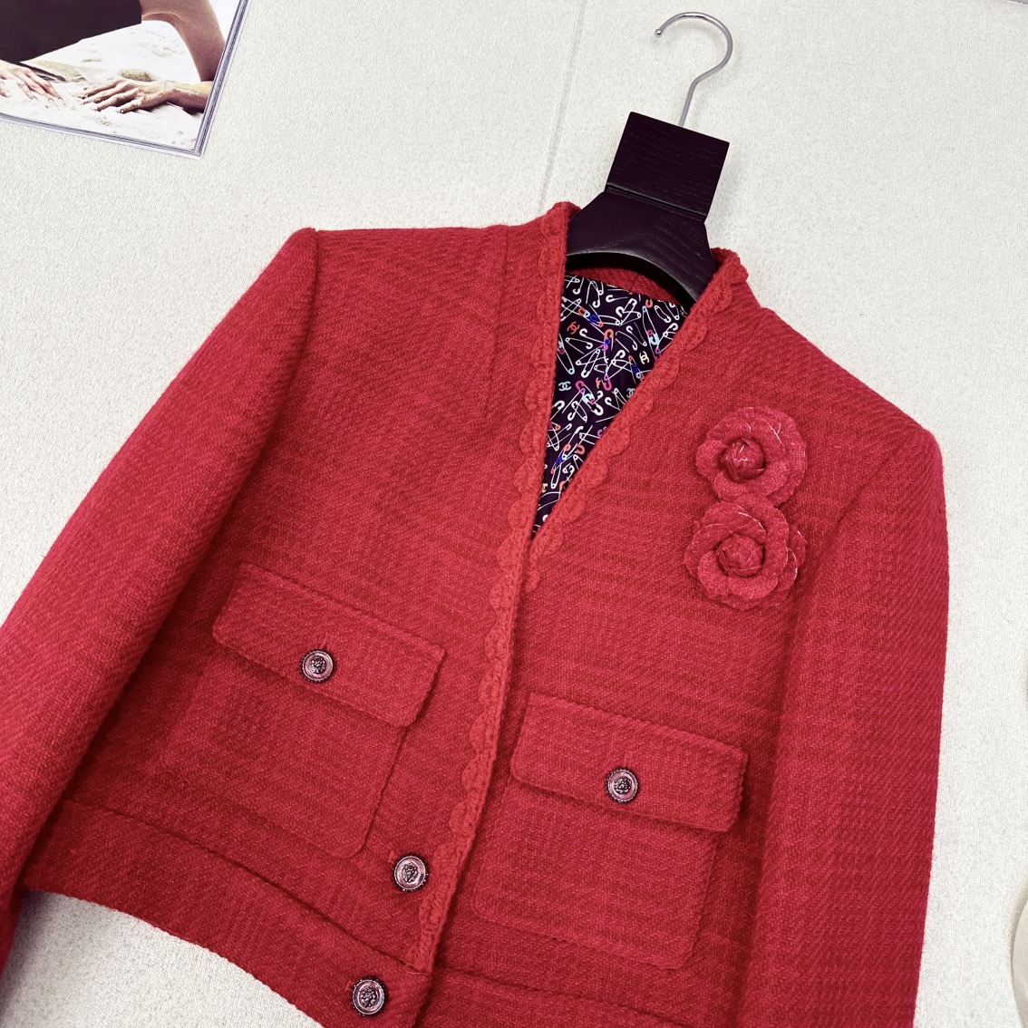 Elegant Tweed Jacket with Camellia Decor - Chanel Style, Designer Knitwear 3 i1731862766 7696 6