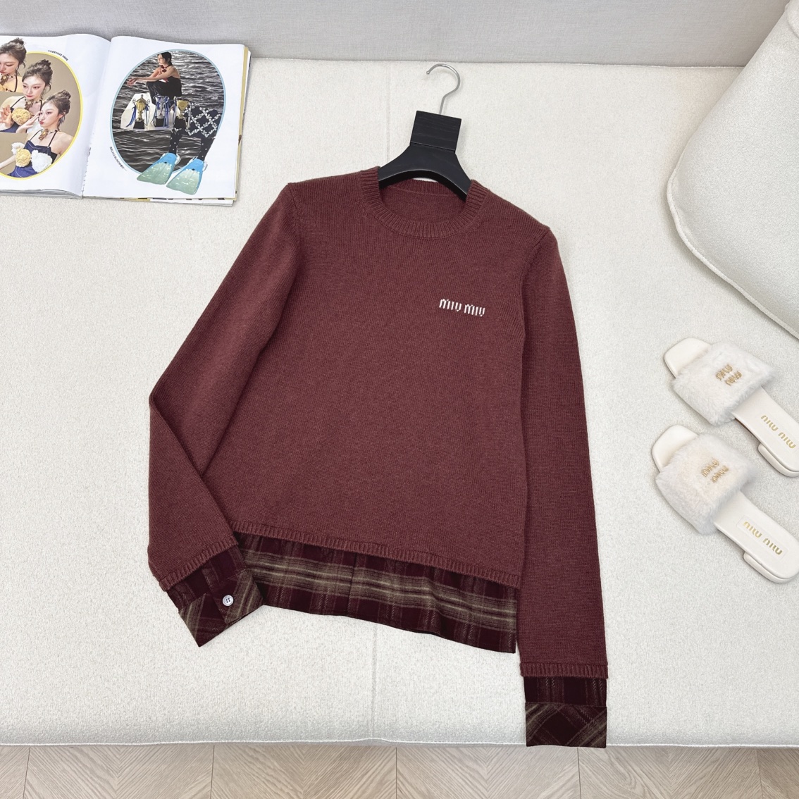 特价🉐️❗️红色SML❗️不退不换❗️独家款～ Miu 🌾————秋冬最新款格纹拼接假两件圆领毛衣🩶定制