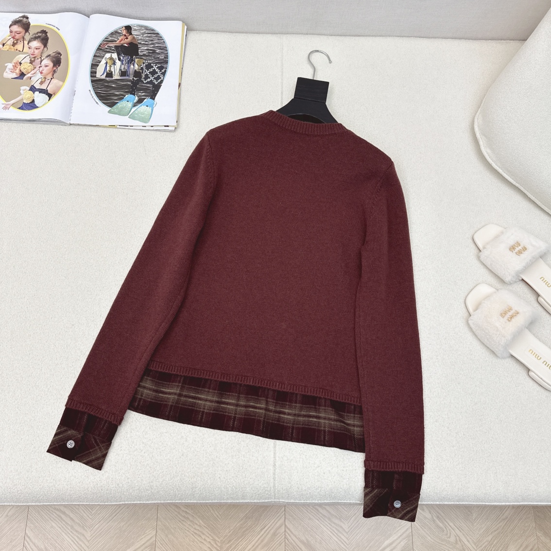 特价🉐️❗️红色SML❗️不退不换❗️独家款～ Miu 🌾————秋冬最新款格纹拼接假两件圆领毛衣🩶定制