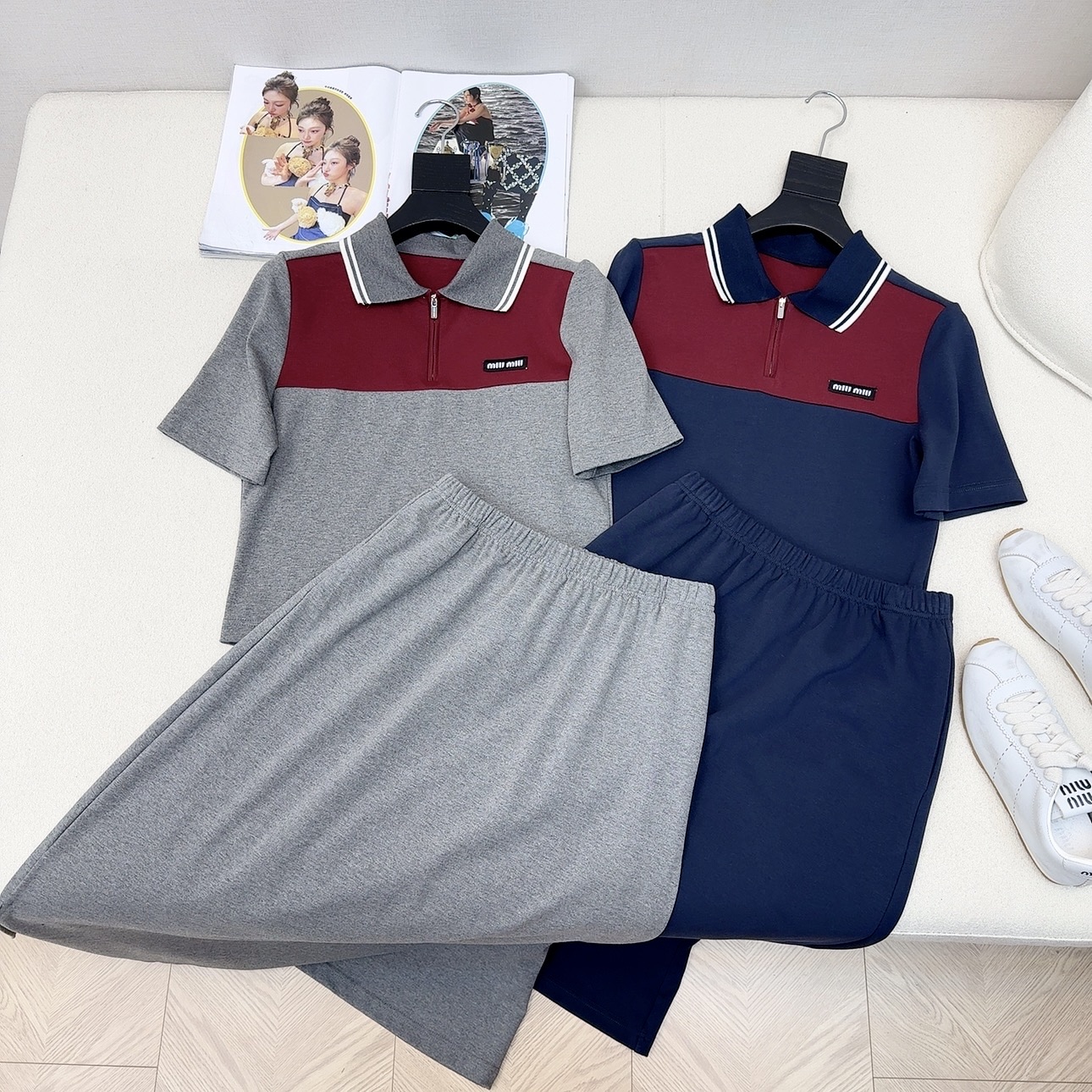 Miu Miu Women's Color Block Short Sleeve Top and Long Skirt Set