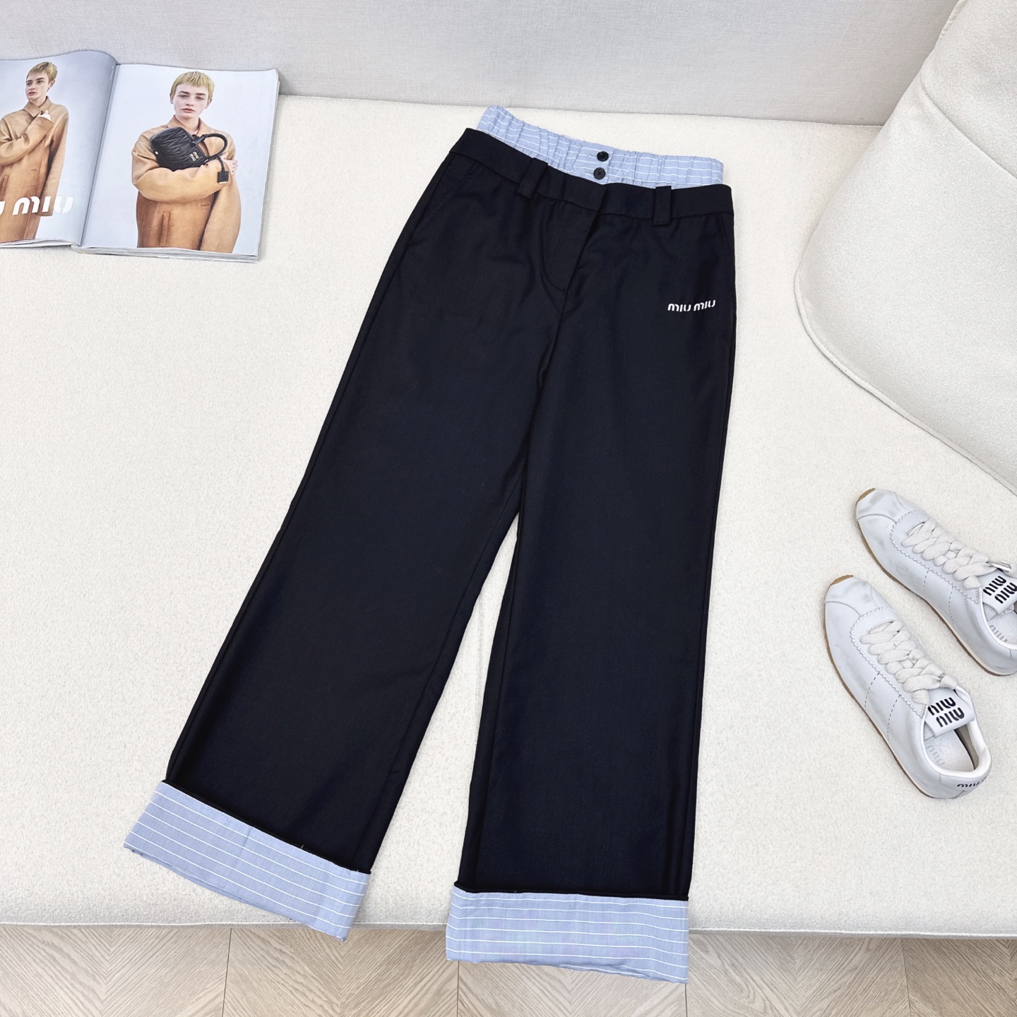 Miu Miu Inspired Two-Tone Straight Leg Trousers with Embroidered Logo 7 i1745043405770 9111 0 5