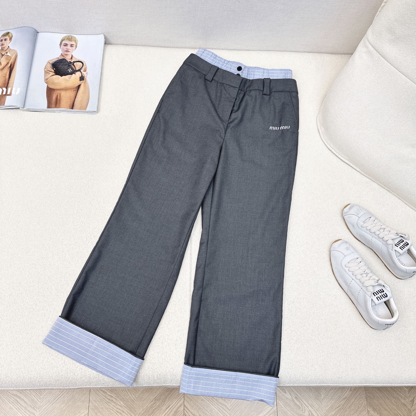 Miu Miu Inspired Two-Tone Straight Leg Trousers with Embroidered Logo 8 i1745043405831 5233 0 6