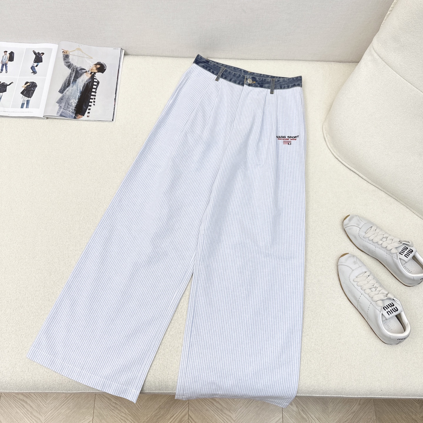 特价🉐️ ❗️现货齐码❗️不退不换❗️AW 25Ss————春夏最新款牛仔腰拼接条纹阔腿长裤 🤍字母徽标