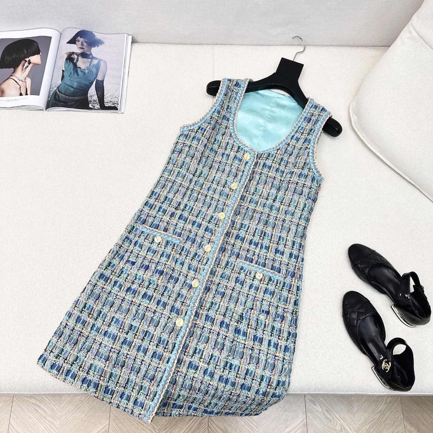 Elegant Woven Sleeveless Dress in Peacock Blue | Designer Style