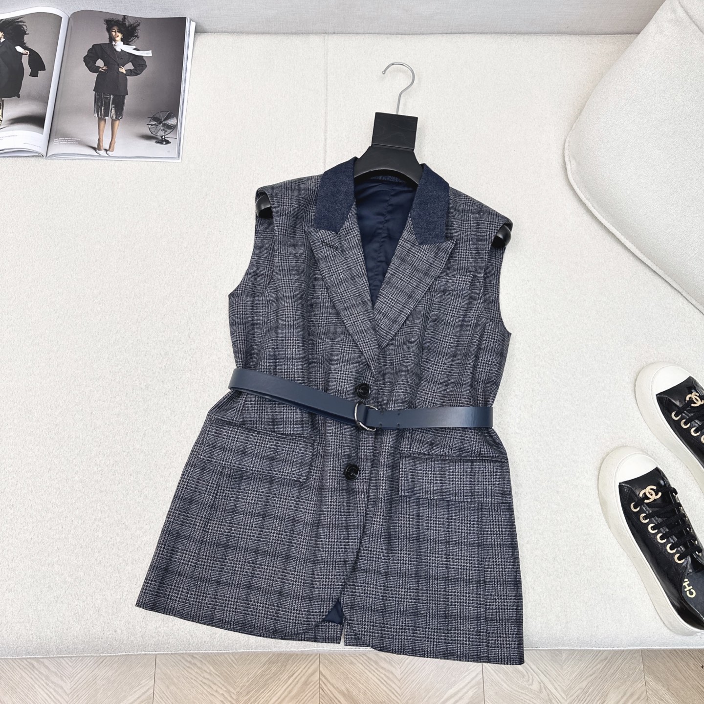 爆单系列款 Bc 25Ss————秋冬最新款灰蓝色格纹西装马甲🖤牛仔明线翻领拼接设计 经典H收腰版型极简