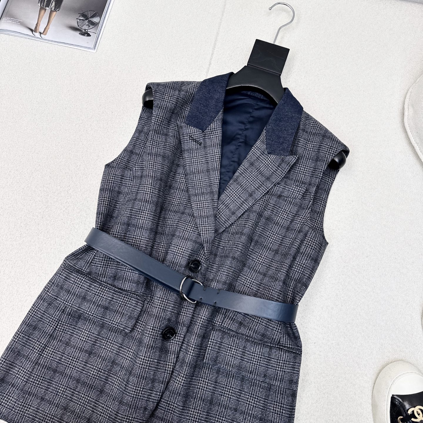 爆单系列款 Bc 25Ss————秋冬最新款灰蓝色格纹西装马甲🖤牛仔明线翻领拼接设计 经典H收腰版型极简