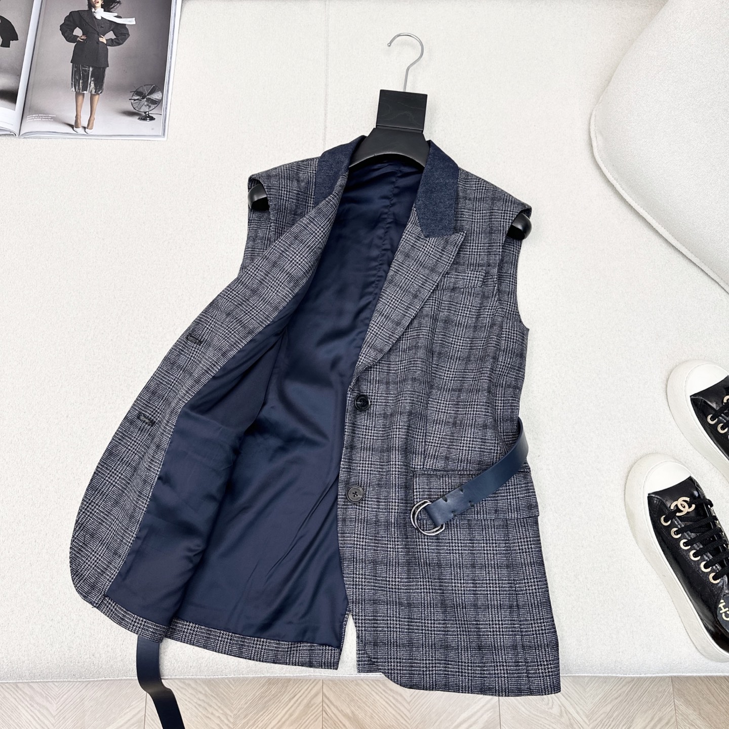 爆单系列款 Bc 25Ss————秋冬最新款灰蓝色格纹西装马甲🖤牛仔明线翻领拼接设计 经典H收腰版型极简