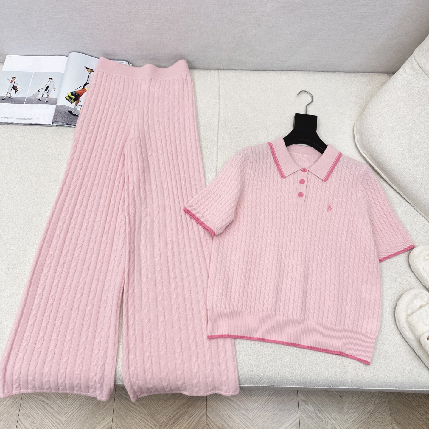 独家款 RL 25Ss———早秋最新款针织套装💗撞色polo翻领麻花毛衣+松紧腰直筒裤 精致美感 整体给