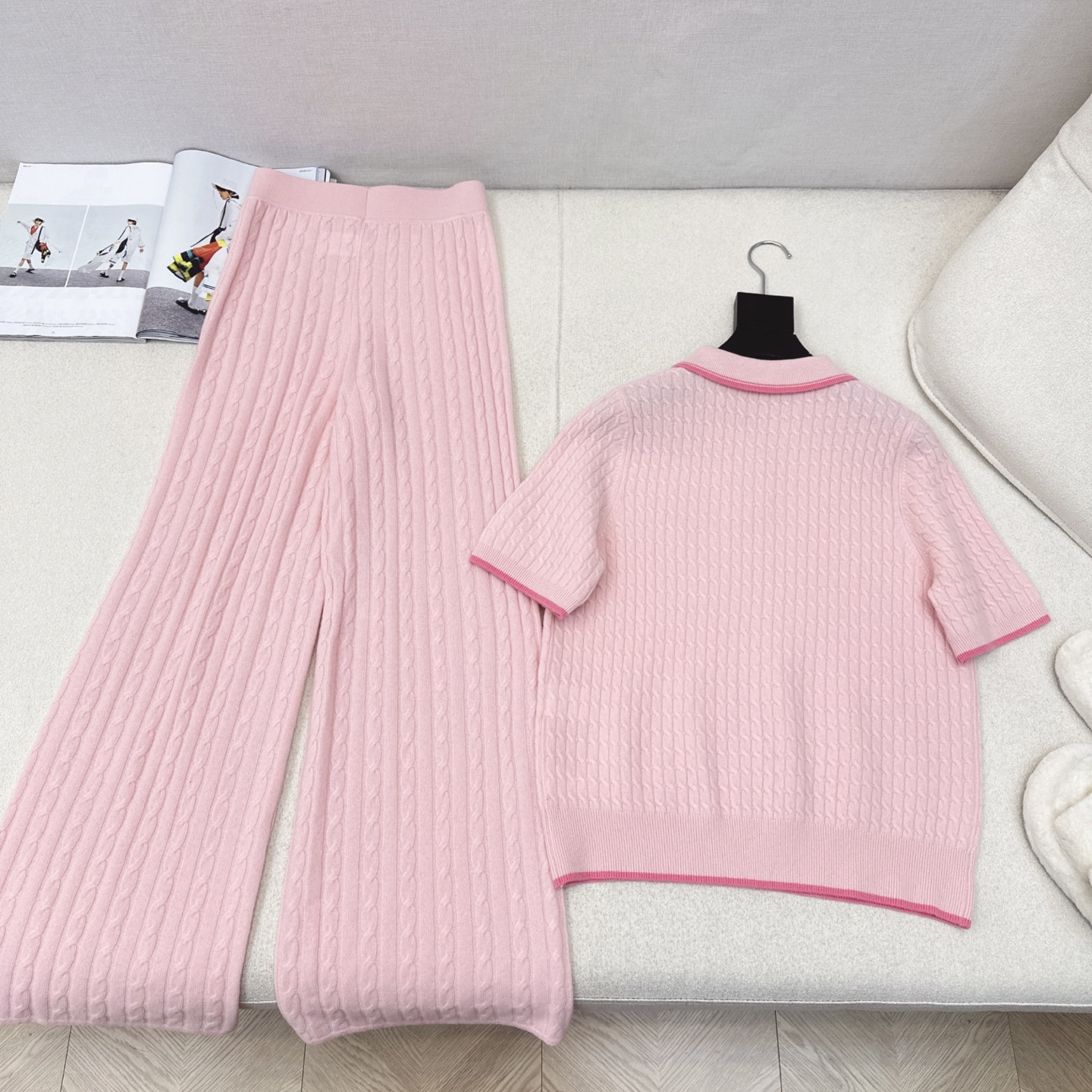 独家款 RL 25Ss———早秋最新款针织套装💗撞色polo翻领麻花毛衣+松紧腰直筒裤 精致美感 整体给