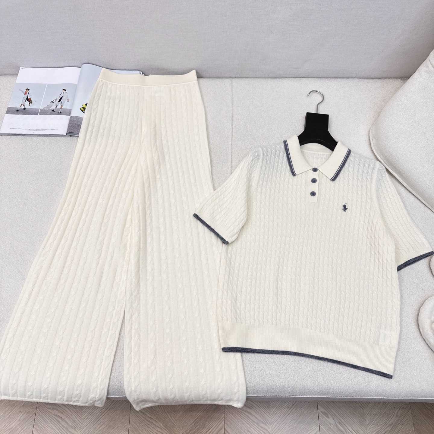 独家款 RL 25Ss———早秋最新款针织套装💗撞色polo翻领麻花毛衣+松紧腰直筒裤 精致美感 整体给