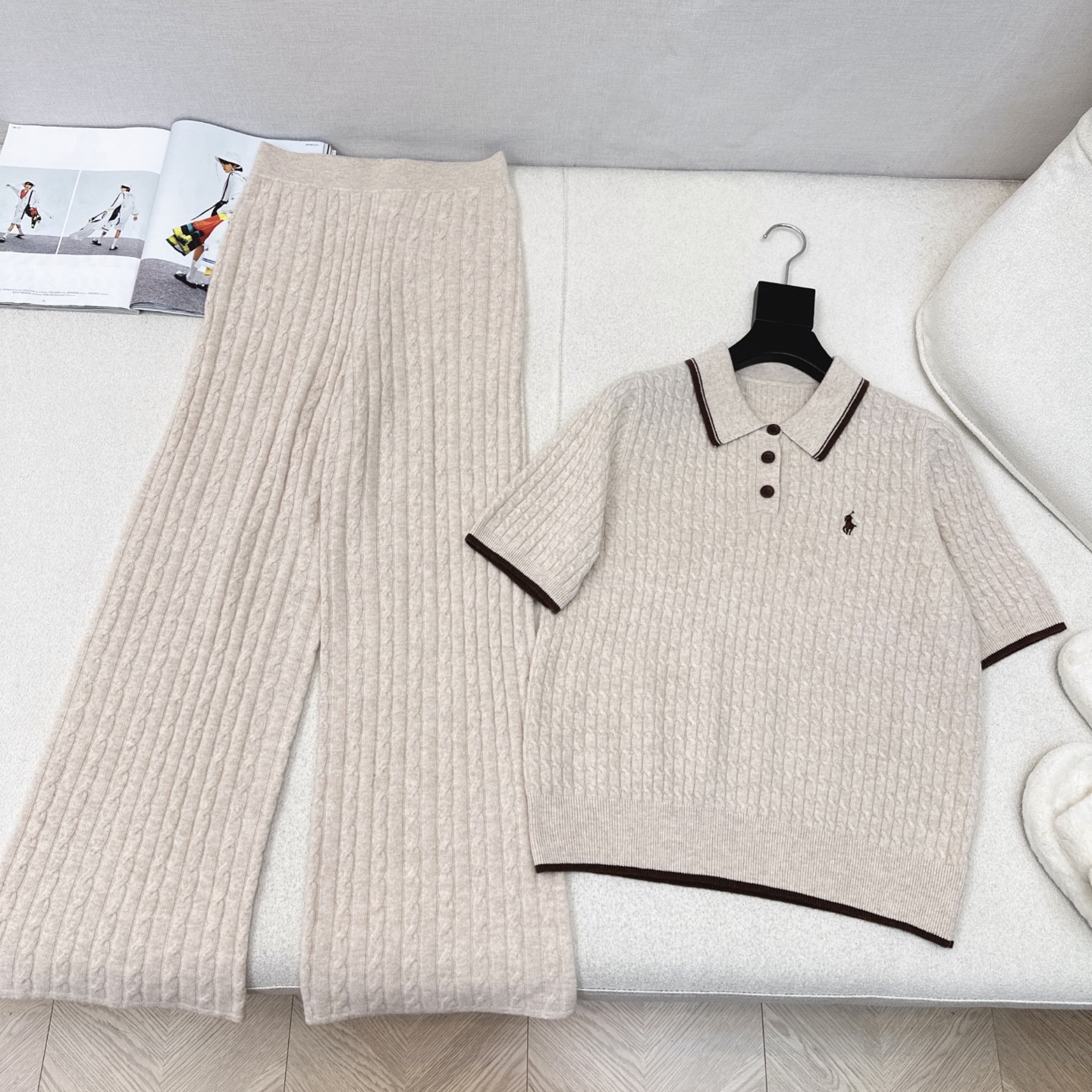 独家款 RL 25Ss———早秋最新款针织套装💗撞色polo翻领麻花毛衣+松紧腰直筒裤 精致美感 整体给