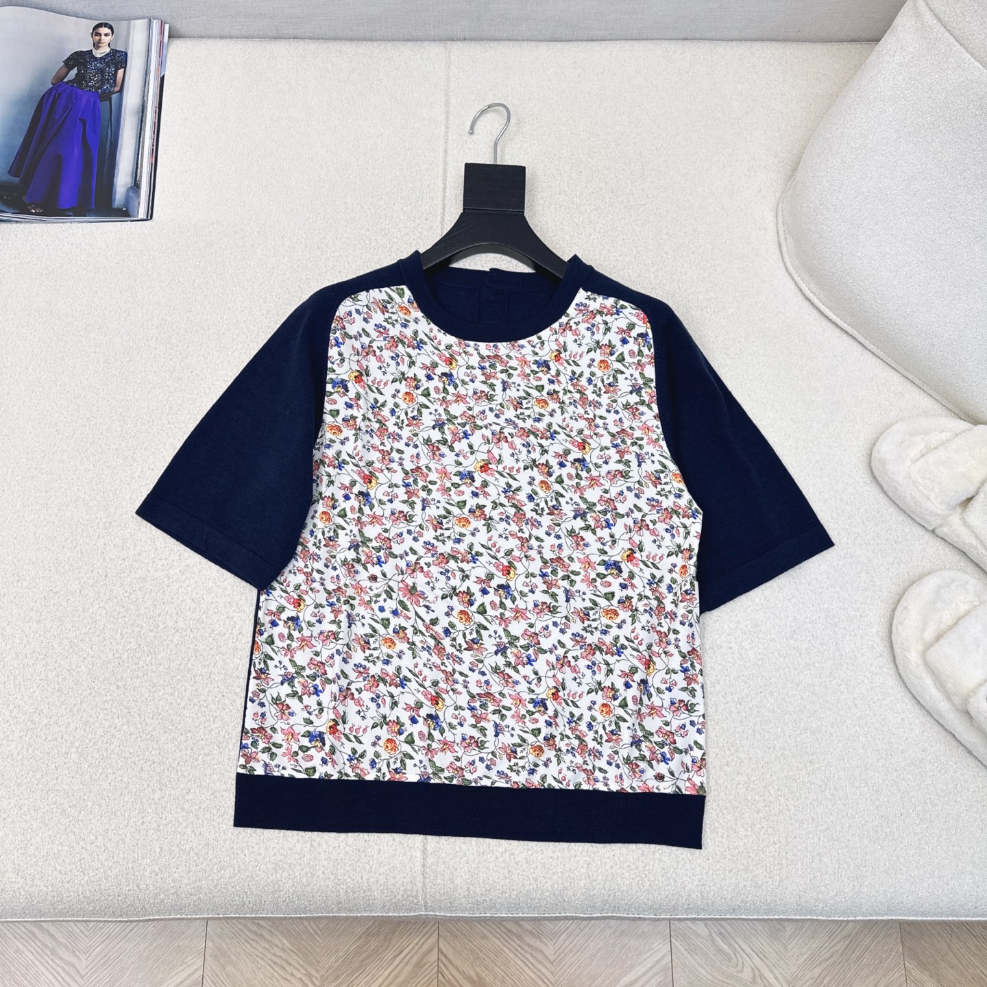 高智感老钱风穿搭 lp🆕 25Ss————早秋最新款高级感印花拼接短袖毛衣🖤七夕限定复古田园繁花精致图案