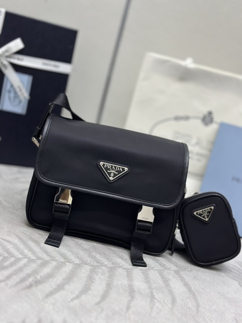Prada Messenger Bag, Nylon Triangle Logo, Versatile Crossbody for Men and Women