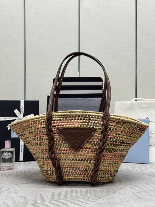 Prada Raffia Basket Tote Bag, Natural Raffia with Brown Leather Trim 1 Prada Raffia Basket Tote Bag, Natural Raffia with Brown Leather Trim