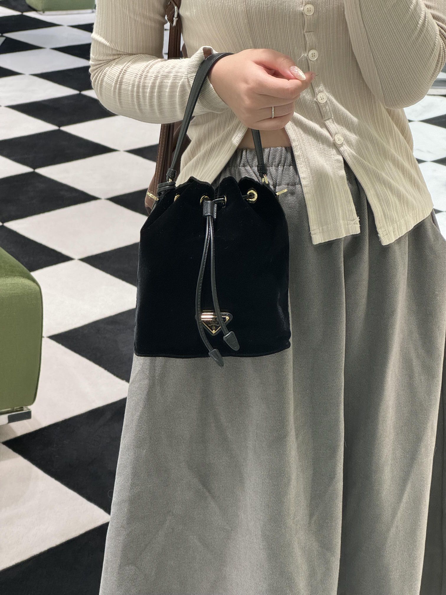 Prada velvet bucket upper body picture