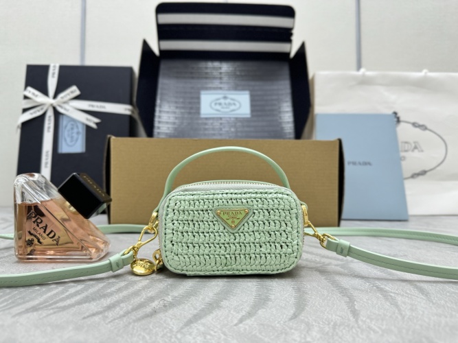 Prada Mint Green Woven Mini Bag with Leather Handle and Shoulder Strap