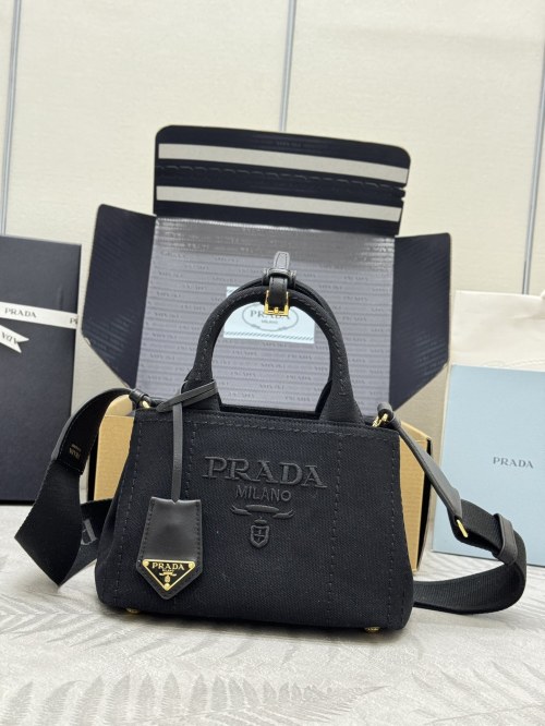 Prada Mini Gardener Tote Bag in Black Canvas - Versatile & Stylish 1 Prada Mini Gardener Tote Bag in Black Canvas - Versatile & Stylish