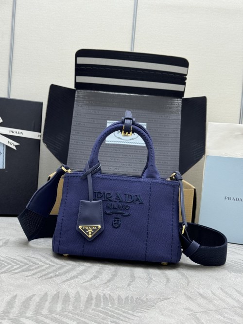 Prada Blue Linen Mini Gardener Tote Bag with Leather Trim, Adjustable Strap 1 Prada Blue Linen Mini Gardener Tote Bag with Leather Trim, Adjustable Strap