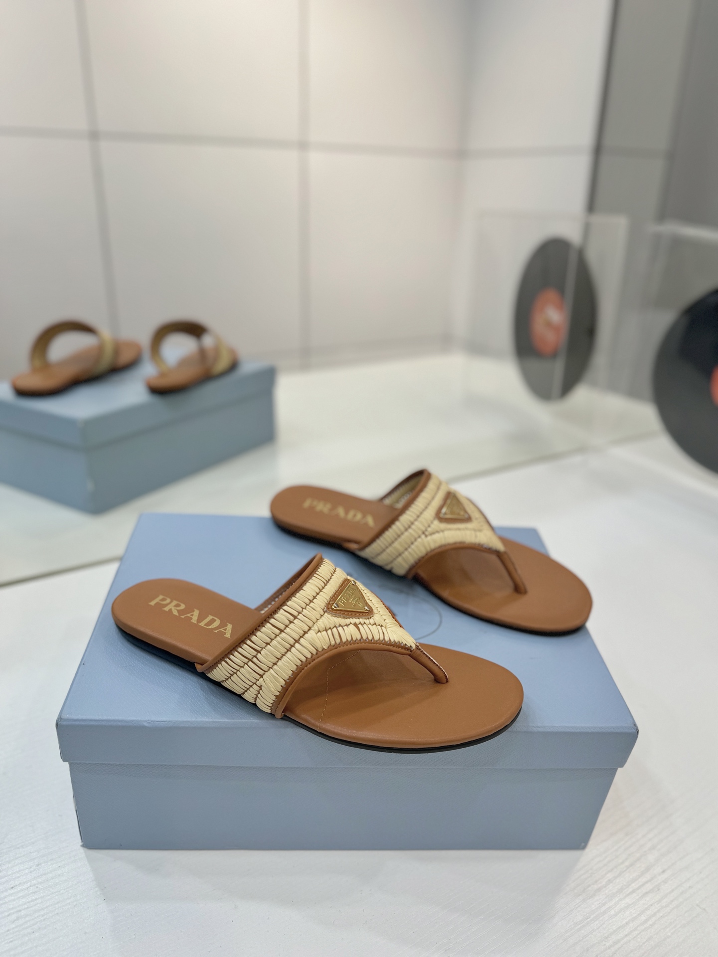 Prada Raffia Ruched Thong Flat Slides