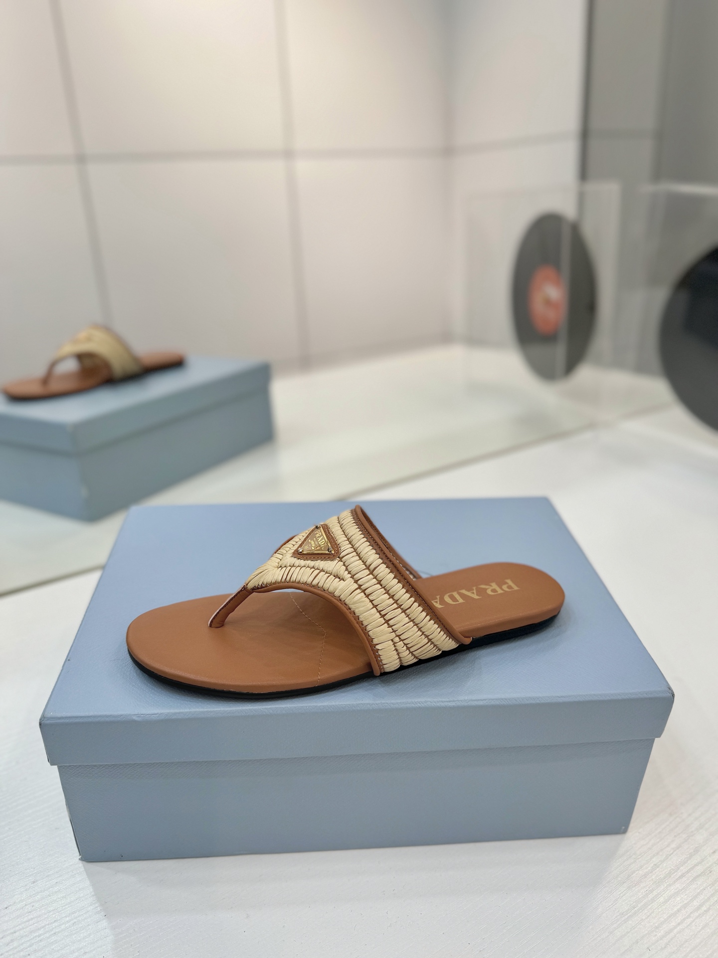 Prada Raffia Ruched Thong Flat Slides