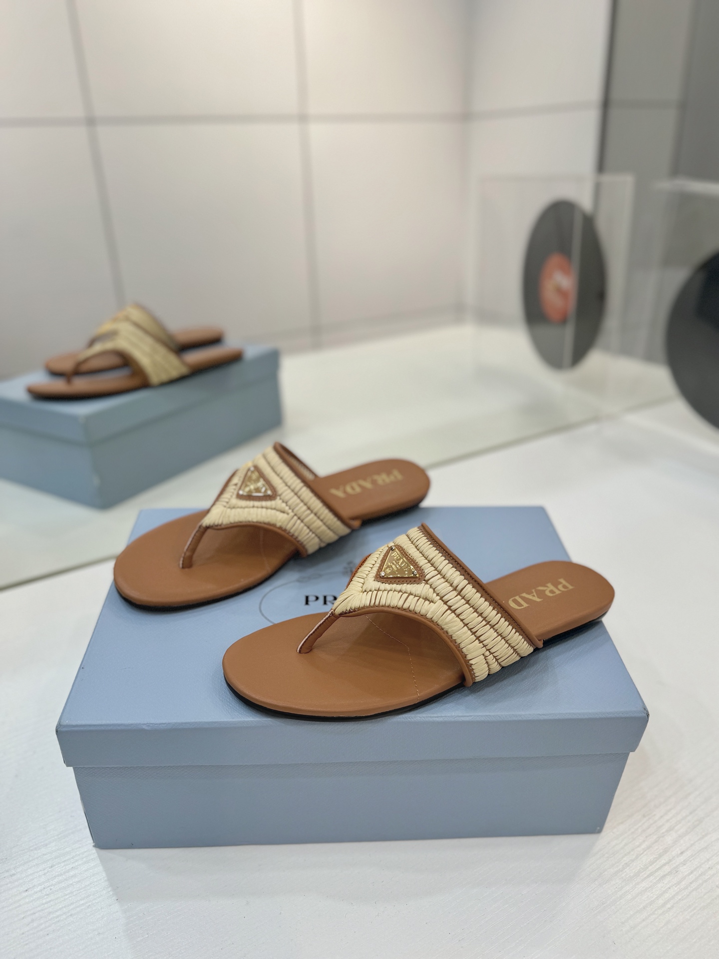 Prada Raffia Ruched Thong Flat Slides
