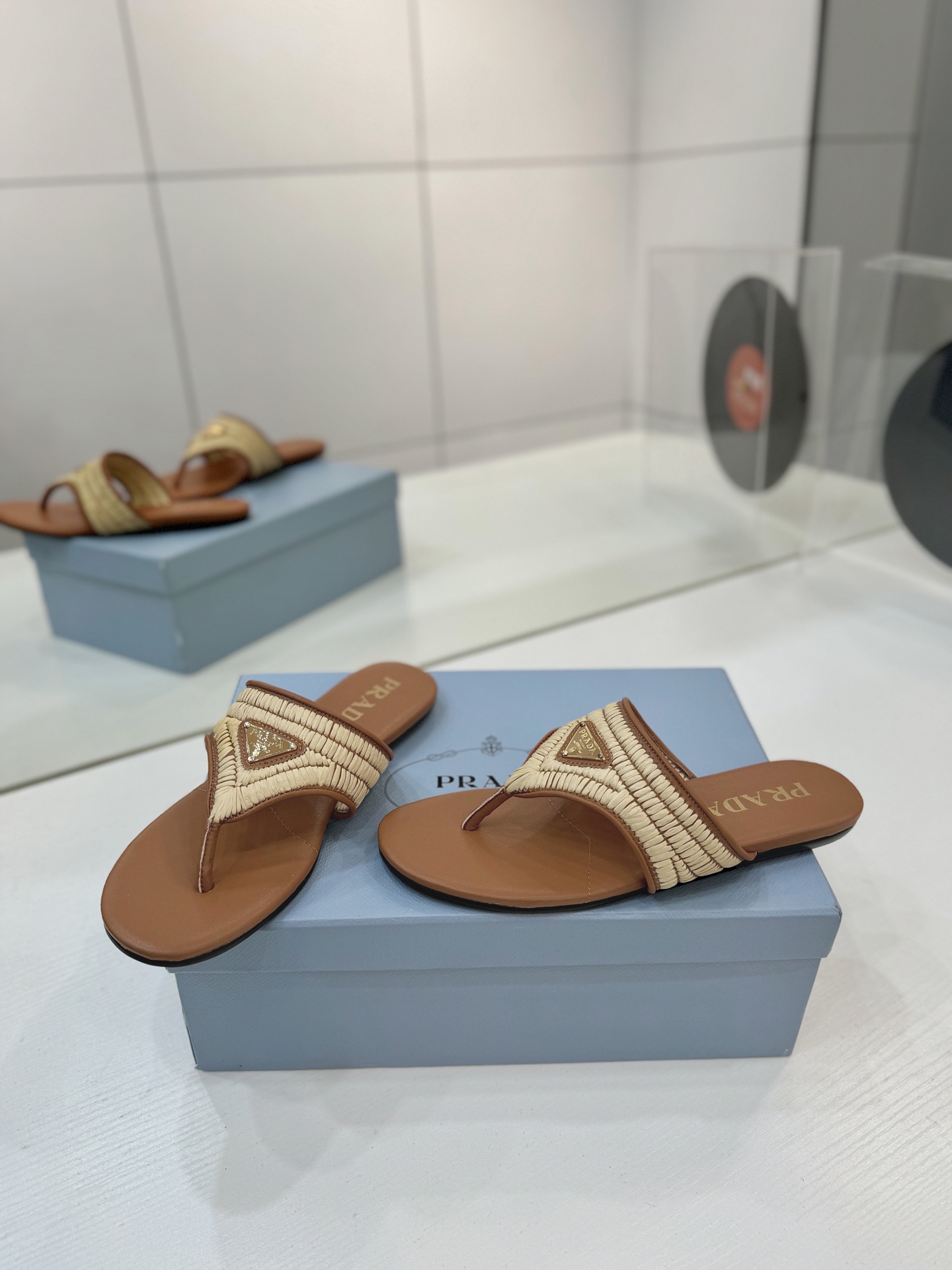 Prada Raffia Ruched Thong Flat Slides