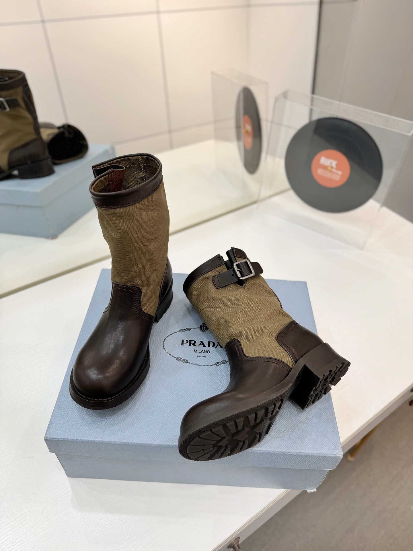 Prada Leather & Canvas Buckle Mid-Calf Boots