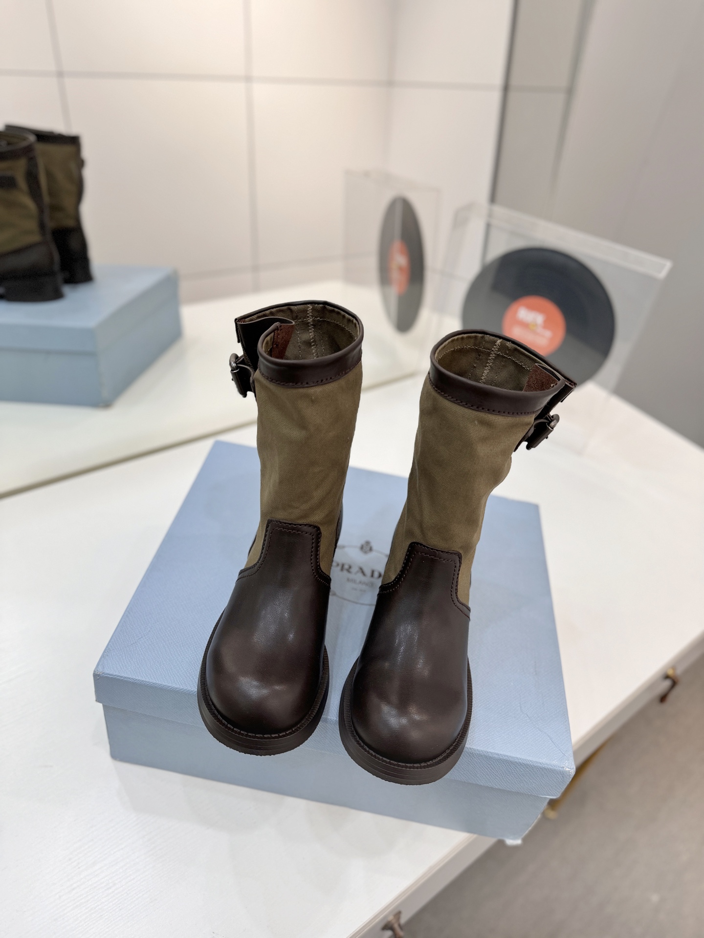 Prada Leather & Canvas Buckle Mid-Calf Boots