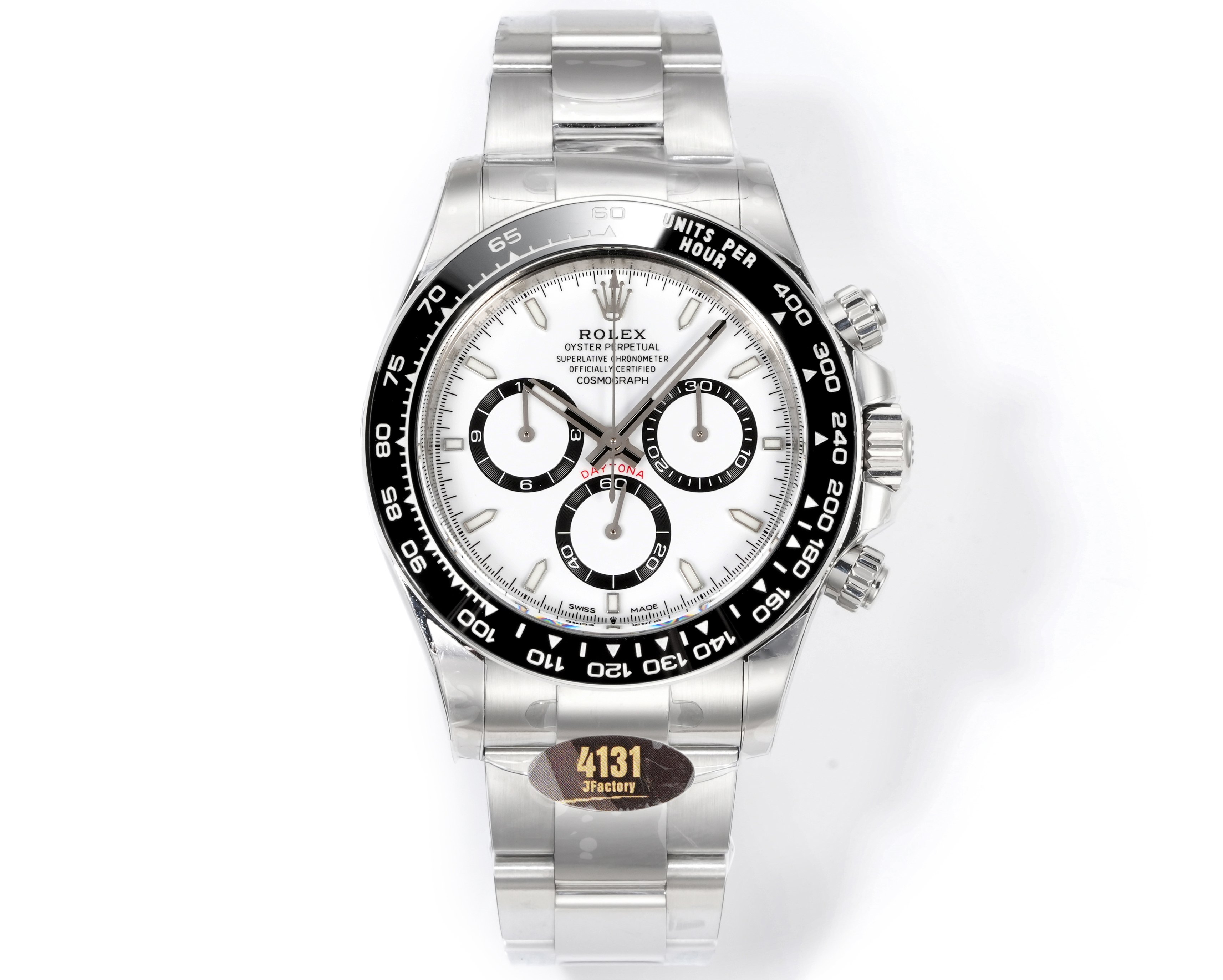 NO:764106,JF King's fried product, the 2026 Rolex Caludless Daytona is coming!  1. Case technology (904L stainless steel) The material is made of 904L stainless steel, which is consistent with the original. It is corrosion-resistant, scratch-resistant, and has a thick texture. The size is 40mm in diameter and 11.9mm thick, which is exactly the same as the original. The sides of the case are highly polished, and the lugs and case body have a natural transition from brushed + polished; CNC fine carving, sharp edges and corners, and no burrs.  The lugs/headpieces are independently molded and seamlessly connected with the case; the top is flat with the case, the tail is slightly concave, and the bottom is concave, fitting the original structure. The steel bottom cover is finely brushed; the precious metal model (rose gold/white gold) is engraved with a St. Bernard dog head, which is clearly engraved and deep; the new 4131 bottom cover is wider and fits the wrist more comfortably.  The crown/shoulder guard and three shoulder guards are symmetrical, the crown LOGO is consistent in size with the three points, with a curvature; screw-in structure, waterproof and restored. 2. Ceramic ring (core advantage of the original C factory) Made of high-purity ceramic, nano-sintered, high hardness, scratch-resistant, not easy to change color. The engraving is laser-engraved, filled with platinum powder (non-electroplating), has a strong grainy feel, does not turn black, and does not fade. The font numbers/scales are three-dimensional and rounded, and the edges are slightly rounded, consistent with the original.  The color difference JF factory uses the original 'Clean ring', which is the best in the color difference control industry, and the black/white/gray/rose gold rings are all aligned. The fitting ring mouth fits perfectly with the case, no looseness, no gaps. 3. Lettering (dial) Panda Di's exclusive dead white words, no yellowing, no redness, the most positive contrast. Printing oil pressure three-dimensional printing, 'Rolex/Cosmograph' and other fonts are clear, no ghosting, no offset.  The size/texture of the small dial at 3/6/9 o'clock is matched, and the matte radial pattern/CD pattern is restored; the frame is clean and burr-free. The nails (time scales) are three-dimensionally inlaid, and the edges are rounded and polished (the knife angle is positive); the surface is flat and the sides are rounded, consistent with the original. The precious metal model's cement gray surface is vacuum PVD electroplated (2-4μm), which does not cover the sunray pattern; ordinary oil spraying is easy to thicken and fade. 4. Pointer technology  Material solid steel needle (not iron sheet), OEM by Buff factory, thick texture. Polished and mirror-polished needle, no burrs, no scratches; solid central axis, no hollow feeling. Shape hour hand/minute hand/chronograph hand length/thickness/curvature matching; second hand tip sharp, no blunt feeling. Even luminous filling, neat edges, consistent with the luminous word nail. 5. Scale and luminous  The outer scale ceramic ring scale has the same depth, full platinum filling, and natural reflection. The literal scale and small dial scale are clearly printed, without blur or misalignment. The luminous material is Swiss Super-LumiNova, which is high in brightness, long-lasting, and has a blue-green color, which is close to the original. The filling process of the nail/pointer has a moderate luminous height and neat edges; the V2 version is optimized to the 'original micro-grain feel' and non-smooth surface. 6. Steel belt (904L stainless steel)  The material is the same as the case of 904L stainless steel, with brushed/polished layered processing. The links are brushed on both sides and polished in the middle, with a smooth transition; the gaps between the links are even and the movement is smooth. The headband is seamlessly connected to the case, with no steps or looseness; the structure is interchangeable with the original. The weight/feel of the entire steel belt is close to the original, not fluttery or cheap. 7. Buckle  The steel folding safety clasp is one-piece, with no solder joints; the inside is frosted and the outside is polished; the coding + LOGO + dragon and phoenix are clear and neat. The new 4131 (tape style) buckle is lengthened, with quick sliding adjustment (about 3cm), the memory steel sheet is tight and not loose; the adjustment feels solid. The fitting buckle and the strap are naturally connected, comfortable to wear, and not easy to pinch your hands. 8. Sapphire mirror  The material is highly transparent sapphire, double-sided anti-reflective, light transmittance ≈92. Details: 6-point laser small crown (152 points), arc-shaped polished edges; the mirror surface is slightly convex on the ceramic ring, and the height is consistent with the original; there is no white edge when connecting with the case. 9. Integrated 4131, 4132 movement with no card and genuine code!  The most important upgrade!  Dandong non-stuck integrated 4131, 4132 movement. Balance wheel copper alloy/beryllium copper balance wheel with 4 adjustable real weights on the edge. Hairspring Nivarox grade alloy hairspring, no card installation, no external stake interference. Adjustment method: rotating the weight changes the balance inertia, the accuracy can reach ±1 second/day fine adjustment. 10. NFC guarantee card  It comes with an NFC chip electronic warranty card, one watch and one card. Turn on the NFC function on your mobile phone, put the back close to the warranty card chip area, and it will automatically jump to the official Rolex website, where you can view detailed information about the watch!  ,,rolex19860909JF王炸产品,2026劳力士无卡度迪通拿重磅来袭！ 一、表壳工艺（904L精钢） 材质采用与原装一致的904L精钢,耐腐蚀、抗刮、质感厚重. 尺寸直径40mm,厚度11.9mm,与原装完全一致. 打磨表壳侧面高抛光,表耳与壳身拉丝+抛光过渡自然；CNC精雕,棱角分明、无毛刺. 表耳/头粒头粒独立开模,与表壳无缝衔接；顶部与表壳持平、尾部微凹,底部呈凹陷状,贴合原装结构. 底盖钢款拉丝细腻；贵金属款（玫瑰金/白金）刻/圣伯纳狗头,刻印清晰、深度到位；新款4131底盖平面更宽,贴腕更舒适. 表冠/护肩三护肩对称,表冠LOGO与三点大小一致、带弧度；旋入式结构,防水还原. 二、陶瓷圈（原C厂核心优势） 材质高纯陶瓷,纳米烧结,硬度高、抗刮、不易变色. 刻字激光深雕,铂金粉填充（非电镀）,颗粒感强、不发黑、不掉色. 字体数字/刻度立体圆润,边缘微圆角,与原装一致. 色差JF厂采用原“Clean圈”,色差控制行业顶尖,黑/白/灰/玫瑰金圈均对版. 贴合圈口与表壳严丝合缝,无松动、无间隙. 三、字面（表盘） 熊猫迪独家死白色字面,不发黄、不发红,对比最正. 印刷油压立体印刷,“Rolex/Cosmograph”等字体清晰、无重影、无偏移. 小表盘3/6/9点位小表盘尺寸/纹理对版,磨砂放射纹/CD纹还原；边框干净、无毛刺. 字钉（时标）立体镶嵌,边缘圆角打磨（刀角正）；平面平整、侧面圆润,与原装一致. 贵金属款水泥灰字面为真空PVD电镀（2–4μm）,不遮盖太阳纹；普通喷油易厚、易掉色. 四、指针工艺 材质实心钢针（非铁片）,Buff厂代工,质感厚重. 打磨全针镜面抛光,无毛刺、无划痕；中轴实心,无空心感. 形状时针/分针/计时针长度/粗细/弧度对版；秒针针尖锋利、无钝感. 夜光填充均匀、边缘整齐,与字钉夜光一致. 五、刻度与夜光 外圈刻度陶瓷圈刻度深度一致,铂金填充饱满,反光自然. 字面刻度小表盘刻度印刷清晰,无模糊、无错位. 夜光材质瑞士Super-LumiNova,亮度高、持久、发蓝绿色,与原装接近. 填充工艺字钉/指针夜光高度适中、边缘整齐；V2版优化为“原装式微颗粒感”,非光滑面. 六、钢带（904L精钢） 材质同表壳904L精钢,拉丝/抛光分层处理. 链节链节两侧拉丝、中间抛光,过渡顺滑；节与节间隙均匀、活动顺畅. 头粒与表壳无缝对接,无台阶、无松动；结构与原装可互换. 质感整条钢带重量/手感接近原装,不发飘、不廉价. 七、表扣 钢款折叠保险扣,一体成型、无焊点；内部磨砂、外部抛光；编码+LOGO+龙凤标清晰工整. 新款4131（胶带款）表扣加长,带快速滑动调节（约3cm）,记忆钢片紧致、不松垮；调节手感扎实. 贴合表扣与表带衔接自然,佩戴舒适、不易硌手. 八、蓝宝石镜面 材质高透蓝宝石,双面防反光,透光率≈92. 细节6点位激光小皇冠（152个点）,边缘弧形打磨；镜面微凸于陶瓷圈,高度与原装一致；与表壳衔接无白边. 九、无卡度真法码一体4131,4132机芯！ 重中之重的升级！丹东无卡度一体4131,4132机芯 摆轮铜合金/铍铜摆轮,边缘带4颗可调真砝码. 游丝Nivarox级合金游丝,无卡度安装,无外桩干扰 调校方式旋转砝码改变摆轮惯量,精度可达±1秒/天级微调 十、NFC保卡  附带NFC芯片电子保卡,一表一卡.手机打开NFC功能,背面贴近保卡芯片区,自动跳转劳力士官网,可查看腕表详情信息！,,rolex,Watch
