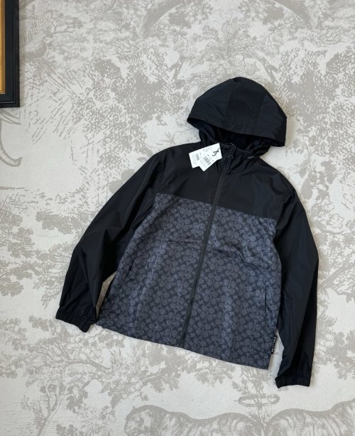 Coach Men's Classic Logo Print Full Zip Outdoor Jacket With Hood - Charcoal 1 Coach Men's Classic Logo Print Full Zip Outdoor Jacket With Hood - Charcoal