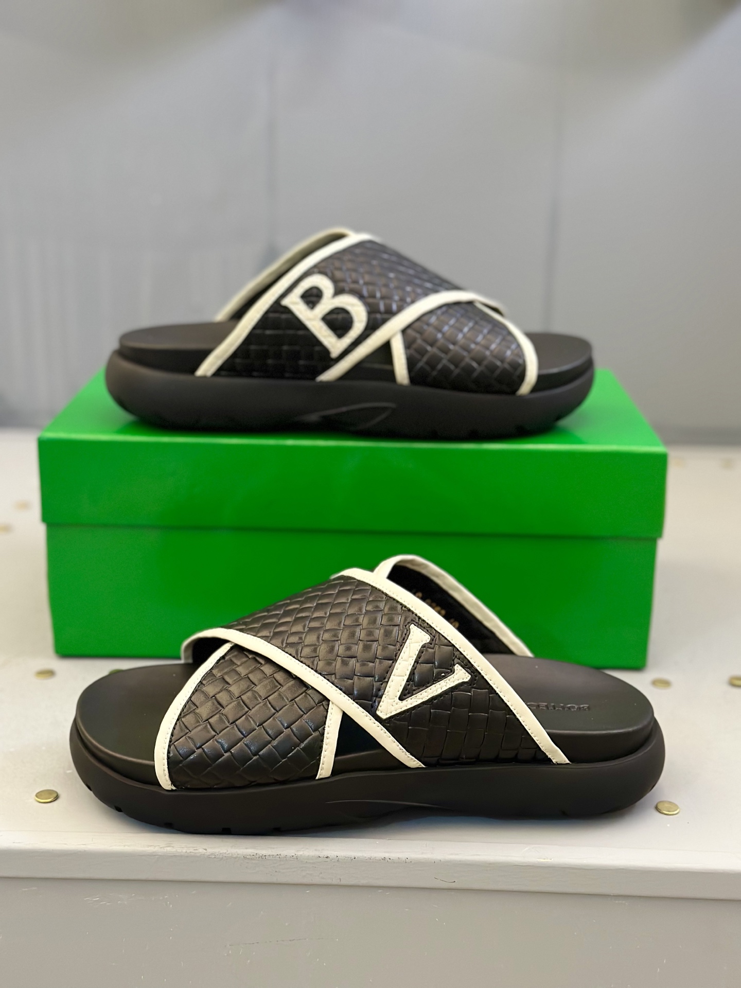 Bottega Veneta Men's Woven Leather Cross Strap Slides Sandals 5 i1742121629616 7888 0 3