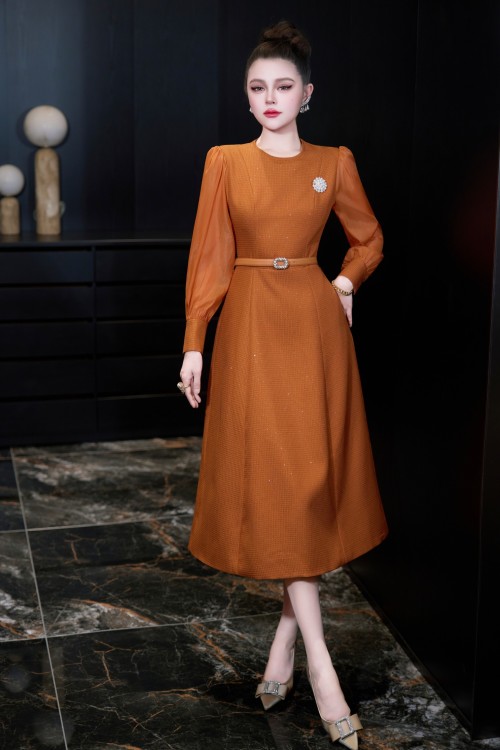 Elegant Caramel A-Line Midi Dress with Long Sleeves and Belted Waist 2 Elegant Caramel A-Line Midi Dress with Long Sleeves and Belted Waist