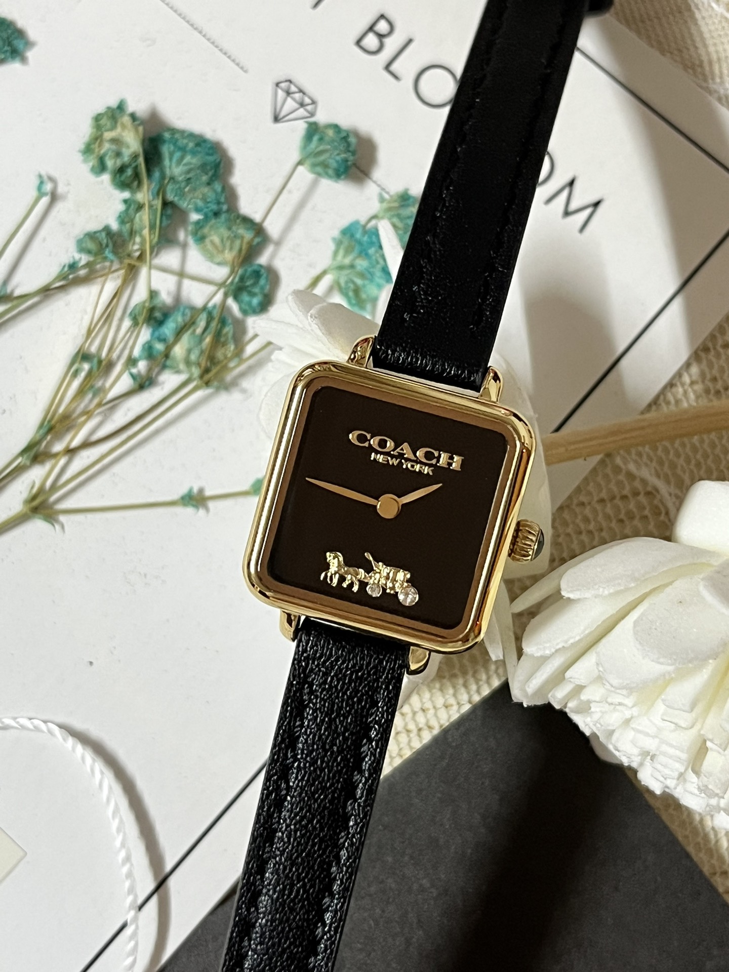 批💰180配盒
来咯[庆祝]来咯[庆祝]来咯[庆祝]请认准独家首发🔥🔥🔥COACH/蔻驰小方糖女士腕表，低调简约的时髦魅力，复古风时尚百搭，独具视觉美感、典雅而精致，轻奢又不失时尚潮范，方形简约日晖纹表盘配以简洁利落的流畅线条柔和而高级，以简约无数字表盘加以璀璨点缀的品牌马车图案，看似简约却不简单，令人一眼辨识毫不费力看起来就足够高级感满满，去掌握属于自己的节奏、张弛有度，日常通勤、度假聚会、随心随型演绎一种热爱生活 由内而外流露出时尚高级贵气之美，让你的风格极具辨识度也极具美感哦[玫瑰][玫瑰][玫瑰]真皮表带佩戴舒适柔软上手美美哒！30米生活防水，尺寸：22 mm,配专柜全套包装出货。