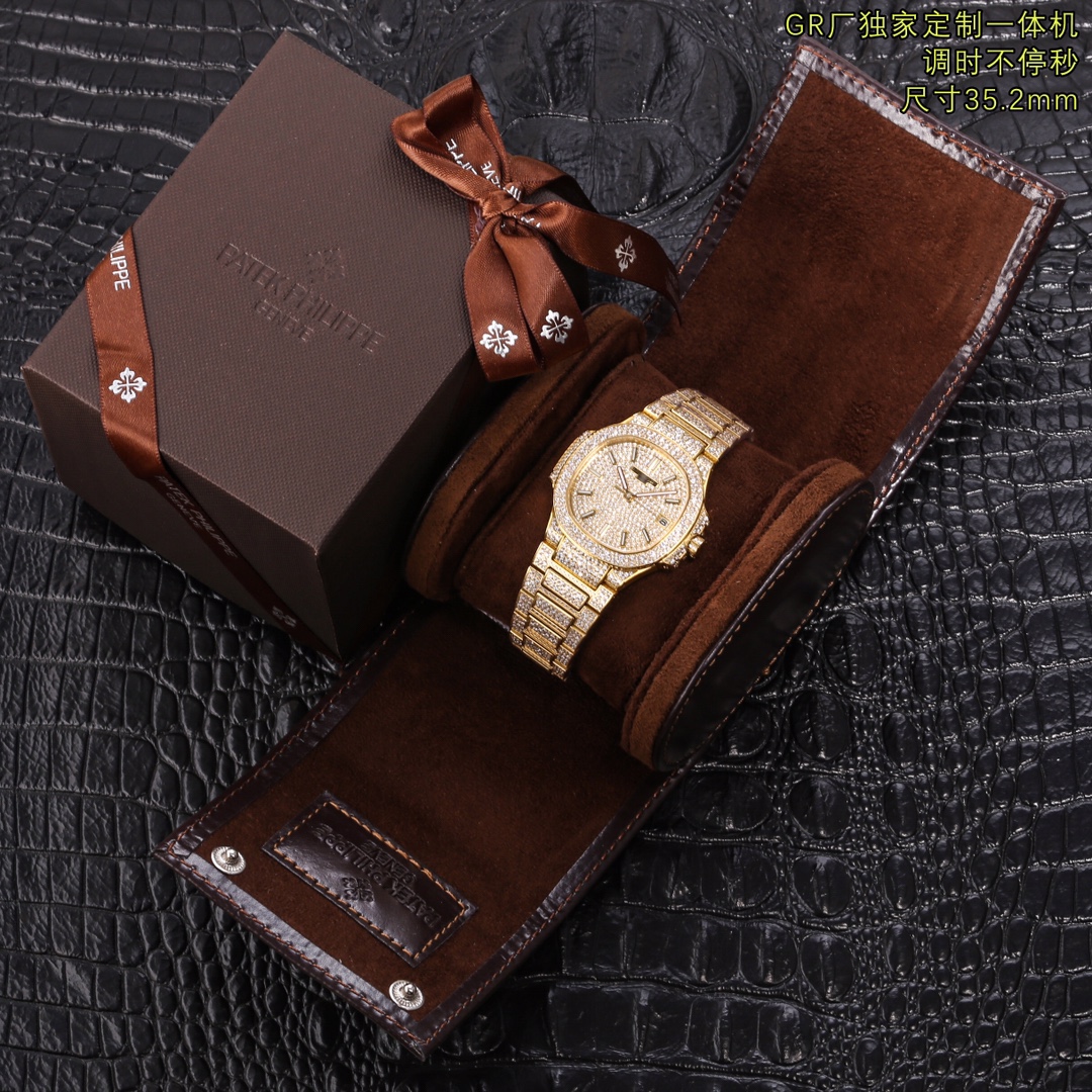 NO:158035,GR - a heavy money to create a classic timepiece - Patek Philippe 7021 Lady Nautilus Full Diamond Limited Edition, a small quantity arrives, limited supply (the whole body uses eight hearts and eight arrows natural Orbo diamonds) Gift a custom watch box for traveling convenient value Watch: Customized 9015 modified 324 S automatic integrated winding mechanical movement, center large seconds hand Dial: diamond inlay, 3-digit display calendar window, 286 diamonds Case: Pavé has 518 diamonds, sapphire crystal permeable cover. Waterproof coefficient is 30 meters. Diameter 35.2mm Bracelet: Use 1729 diamonds to use the rare 