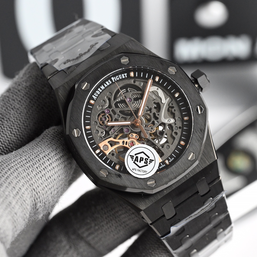 NO:393762,AS new Audemars Piguet Royal Oak Offshore 15407ST.OO.1220ST.01 Men's Mechanical Watch Calibre 3132 integrated movement, 41mm diameter, dark gray dial shape, round dial material hollow dial, matched with rose gold fluorescent three-dimensional hour marker and Royal Oak pointer mirror material anti-glare processing sapphire crystal glass mirror crown material stainless steel, screw-in crown back transparent back, anti-glare sapphire glass mirror, audemars19860909AS新款爱彼皇家橡树离岸型15407ST.OO.1220ST.01男士机械腕表 Calibre 3132一体机芯,41mm直径,深灰色表盘形状圆形表盘材质镂空表盘,搭配玫瑰金荧光立体时标和皇家橡树指针表镜材质防眩光处理蓝宝石水晶玻璃表镜表冠材质精钢,旋入式表冠背透背透,防眩蓝宝石玻璃镜面,,audemars,Watch