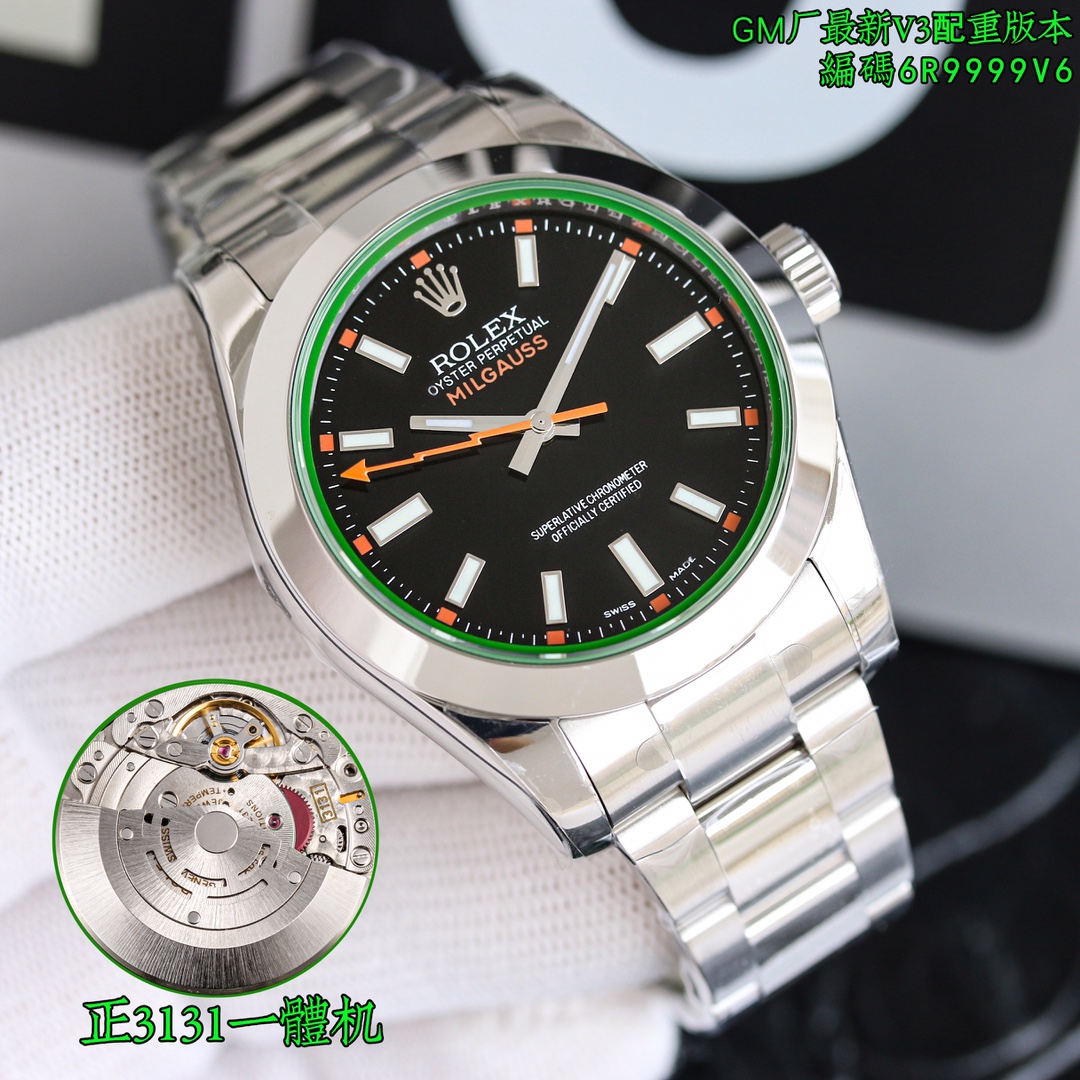 NO:394116,GM log 'Lightning' blue side, black side, white side, digital side, GM factory, ROLEX Rolex GM magnetic MILGAUSS series, three-code in one, with NFC induction!  Quality assurance!  116400 Lightning Needle Green Glass 904L Highest Version, Blue Disk Green Disk White Disk Black Disk!  Antimagnetic double bottom cover!  Synchronous green material sapphire glass, custom-made new solid needle shaft 3131 integrated movement, size 40mm, and is made of Oyster steel forged steel watch case, belonging to 904L steel. This super alloy is widely used in high-tech, aviation and chemical industry, so it must have high corrosion resistance. Oyster steel is not only very durable and easy to polish, but its beauty remains unabated even in the most extreme environments. Electric blue dial, green sapphire glass mirror and electric blue dial, which complement the iconic lightning-shaped second hand. Rolex Milgauss - pays tribute to science!  The three-code 6R9999V6 is a watch code, with NFC induction card, original version, produced by GM factory, shipment and real photos. Please refer to the best luxury gift for GM factory, exclusive quality, rolex19860909GM日志“闪电”蓝面 黑面 白面 数字面 GM厂,ROLEX 劳力士 格磁MILGAUSS系列,三码合一,附带NFC感应！品质保证！116400闪电针 绿玻璃904L最高版本,蓝盘 绿盘 白盘 黑盘！防磁双重底盖！ 同步绿色材料蓝宝石玻璃,定制全新的实心针轴3131一体机芯 尺寸40mm,采用蚝式钢锻造钢腕表表壳,属904L钢一类,这种超合金广泛用于高科技、航空及化工,故必然具备高抗腐蚀性.蚝式钢不仅非常耐用且易于磨光,即使在最极端的环境,其美态依然不减.电光蓝色表盘,绿色蓝宝石玻璃镜面配搭电光蓝色表盘,与标志性的闪电形秒针相映成趣.劳力士Milgauss——向科学致敬！认准腕表编码6R9999V6三码合一,附带NFC感应卡,对版原装,GM厂出品,出货实拍 送礼最佳奢华推荐请认准GM厂,独家品质,,rolex,Watch