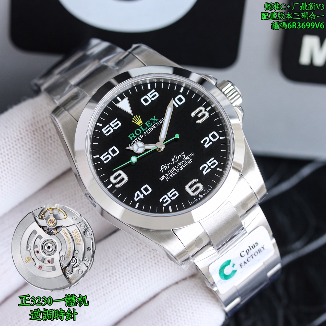 NO:394085,Factory C/ClEAN Rolex ROLEX Air Bad Series, super cost-effective new Air Bad watch, watch code, 6R3699V6, watch button code, 7CD!  The latest Rolex model of the year, 40mm, the only 'Rolex original color' green hand, green logo dial!  Three-dimensional digital scale, super strong Swiss luminous, 6-digit Crown Logo (with integrated calendar, counter-adjustable hour hand,) high cost performance. The Air Overlord pays tribute to the golden age of the aviation industry. British pilot Charles Douglas Barnard was one of the aviation pioneers at that time, setting a number of flight records. He once talked about the Oyster watch 'This watch is excellent in performance and is especially suitable for flight. In all my long-distance flights in the future, I plan to wear this watch.' The Air Overlord watch reflects the unique connection between the R factory and the aviation industry. This is the golden age of the aviation industry. Air Overlord performance is changing with each passing day, routes continue to expand, and long-distance flights are also introduced. The Air Overlord watch is equipped with a unique black dial, 3, 6 and  The 9 o'clock position is marked with extra-large Arabic numerals, and the minute scale is prominent so that you can clearly read the time when sailing. The words 'Air - King' on the dial were designed for the original watches in the 1950s. The Aerial Overlord watch pays tribute to a number of flight pioneers and celebrates the important role of Oyster watches in aviation history. The 40 mm diameter Oyster steel case is equipped with an Oyster solid chain link strap and a personalized black dial, allowing the Aerial Overlord to continue the origins of the original Rolex Oyster watch and the aviation field. The watch code is 6R3699V6, watch button code, 7CD, customized three-code in one with NFC high-end version of the watch, rolex, gold19860909C厂/ClEAN 劳力士 ROLEX 空中霸王系列,超高性价比新品空霸腕表,腕表编码,6R3699V6,腕表扣码,7CD！ 年度劳力士最新款空中霸王型,40mm、唯一一款“劳力士原色” 绿色指针,绿色logo表盘！立体数字刻度,超强瑞士夜光,6位皇冠Logo（承搭一体无日历空档,逆调时针,）高性价比 空中霸王型向年代的航空业黄金时代致敬.英国飞行家查尔斯道格拉斯巴纳德（Charles Douglas Barnard）是当时其中一位航空先驱,创下了多项飞行纪录.他曾谈及蚝式腕表“这款腕表性能超卓,特别适用于飞行.在我日后所有长途飞行,我都打算佩戴这腕表.” 空中霸王型腕表体现了年代R厂与航空业的独特联系.这是航空业的黄金时代,飞机性能日新月异,航线不断扩展,长途航班亦开始引入. 空中霸王型腕表配备富个性黑色表盘,3、6及 9点钟位置标示特大阿拉伯数字,分钟刻度显眼突出,以便航行时能清楚读时.表盘上的 “ Air - King ”（空中霸王型）字样,所用字体于 1950年代专为原款腕表而设计. 空中霸王型腕表向一众飞行先驱致敬,并颂扬蚝式腕表在航空史上的重要角色. 直径40毫米的蚝式钢表壳,配备蚝式实心链节表带及富个性黑色表盘,让空中霸王型延续原款劳力士蚝式腕表与航空领域的渊源.腕表编码6R3699V6,腕表扣码,7CD,定制三码合一附带NFC高端版本腕表,,rolex,gold,Watch