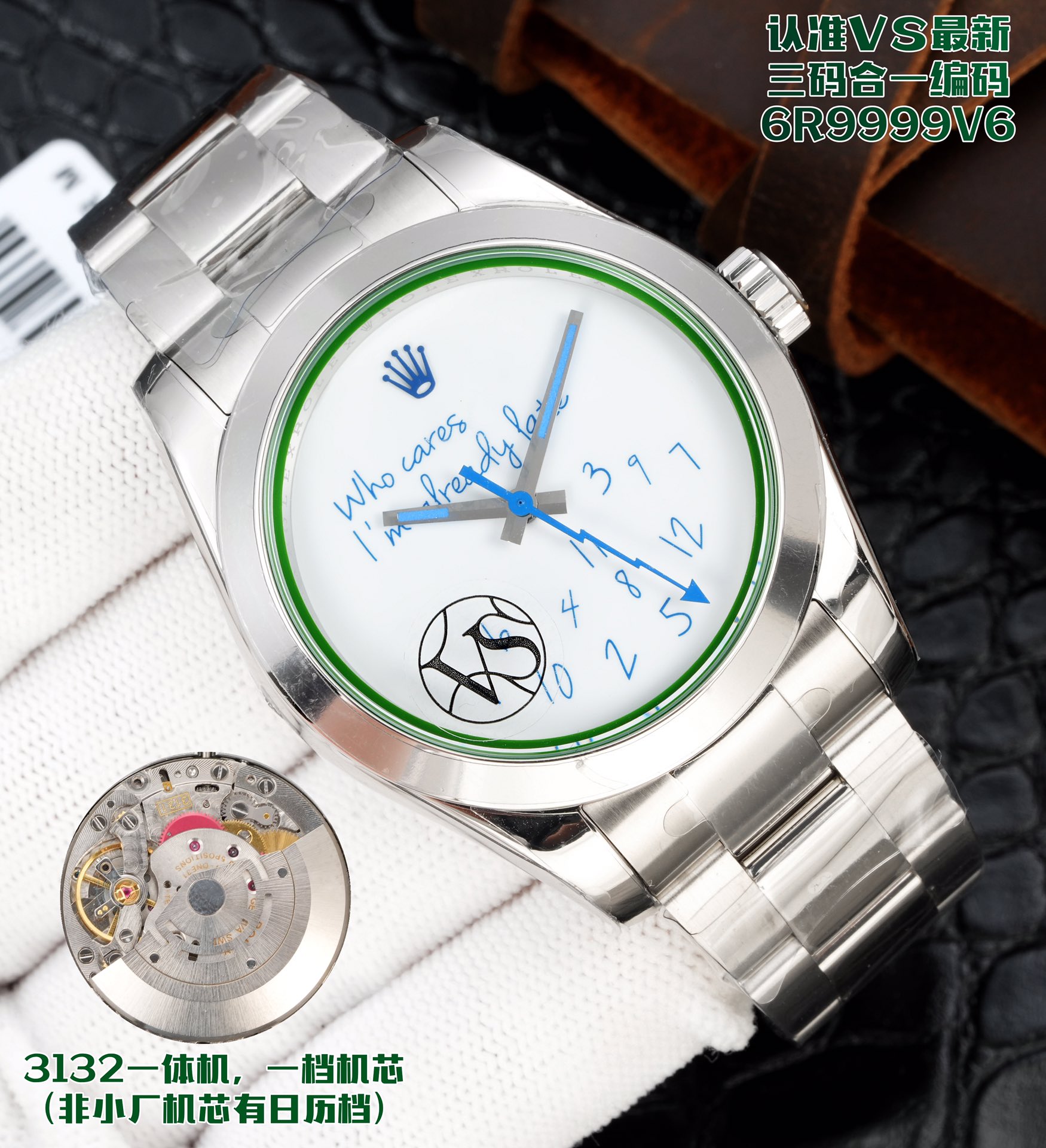 NO:394252,VS log 'Lightning' blue surface, black surface, white surface, digital surface VS factory, ROLEX Rolex grid magnetic MILGAUSS series, three codes in one, with NFC sensing!  Quality assurance!  116400 Lightning Needle Green Glass 904L Highest Version, Blue Disk Green Disk White Disk Black Disk!  Antimagnetic double bottom cover!  Synchronous green material sapphire glass, custom-made new solid needle shaft 3131 integrated movement, size 40mm, and is made of Oyster steel forged steel watch case, belonging to 904L steel. This super alloy is widely used in high-tech, aviation and chemical industry, so it must have high corrosion resistance. Oyster steel is not only very durable and easy to polish, but its beauty remains unabated even in the most extreme environments. Electric blue dial, green sapphire glass mirror and electric blue dial, which complement the iconic lightning-shaped second hand. Rolex Milgauss - pays tribute to science!  The three-code 6R9999V6 is in one watch code, with NFC induction card, the original version of the VS factory is produced, the shipment is real shot. The best luxury recommendation for gifts is to identify the VS factory, exclusive quality, rolex19860909VS日志“闪电”蓝面 黑面 白面 数字面 VS厂,ROLEX 劳力士 格磁MILGAUSS系列,三码合一,附带NFC感应！品质保证！116400闪电针 绿玻璃904L最高版本,蓝盘 绿盘 白盘 黑盘！防磁双重底盖！ 同步绿色材料蓝宝石玻璃,定制全新的实心针轴3131一体机芯 尺寸40mm,采用蚝式钢锻造钢腕表表壳,属904L钢一类,这种超合金广泛用于高科技、航空及化工,故必然具备高抗腐蚀性.蚝式钢不仅非常耐用且易于磨光,即使在最极端的环境,其美态依然不减.电光蓝色表盘,绿色蓝宝石玻璃镜面配搭电光蓝色表盘,与标志性的闪电形秒针相映成趣.劳力士Milgauss——向科学致敬！认准腕表编码6R9999V6三码合一,附带NFC感应卡,对版原装VS厂出品,出货实拍 送礼最佳奢华推荐请认准VS厂,独家品质,,rolex,Watch