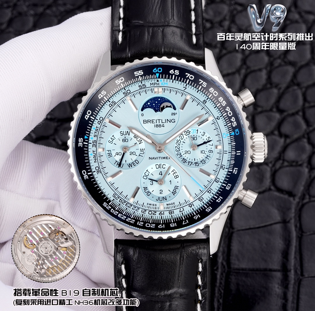NO:384743,V9 Breitling Aviation Chronicle Series is launched for the anniversary limited edition, equipped with a revolutionary B19 self-made movement (replicated using imported Seiko NH36 movement to be multi-functional), stable movement and low rework rate, which is one of the rare complication-resistant watches in the market. [Sun, Moon and Star] - the normal transmission operation of date (3 o'clock,), month (6 o'clock), week (9 o'clock), and week (9 o'clock) and can be manually adjusted (date is adjusted clockwise by pulling out the second gear, month is adjusted by 8 o'clock hidden button, week can be driven by adjusting the pointer); 12 o'clock star disc synchronized with authentic products, walking once a month. Size 43mm*14mm, breitling19860909V9百年灵航空计时系列推出周年限量版,搭载革命性B19自制机芯（复刻采用进口精工NH36机芯改多功能）,走时稳定,返修率低,这是复刻市场少有的耐操性复杂功能腕表.【日月星】——日期（3点位,）、月份（6点位）、星期（9点位）正常传动运行,且可以手动调整（日期通过拔出第二档顺时针调整、月份通过8点位隐藏按钮调整、星期可通过调整指针带动）；12点位星辰盘同步正品,一个月走一圈.尺寸43mm*14mm,,breitling,Watch