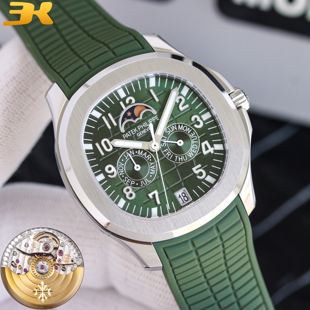 NO:386398,Patek Philippe Aquanaut series 5261R-001 new watch ** 'New Calendar Work, Wrist Product'** Patek Philippe Aquanaut series' first Calendar Watch 5261R-001 is on the stage, combining classic aesthetics and practical functions, and the 39.9mm stainless steel case combines innovative technology to interpret a new realm of leisure and elegance. Core highlights ● Calendar function, intelligent control time original four-window partition display system (date 6 o'clock/moon phase 12 o'clock, week/month 3/9 o'clock), bid farewell to the cumbersome adjustment, and daily wear is calm. ●  The aesthetics of steel, the unique and iconic arc octagonal case, the interlaced process of polishing and satin patterns highlights the sense of layering. The gray-blue dial is paired with Aquanaut three-dimensional embossed texture, the fluorescent coated pointers and tiles are as clear as day in the dark light, and the details show the essence of Patek Philippe craftsmanship. ● Comfortable wear, suitable for custom rubber straps throughout the day, and the wear-resistant durability is upgraded; the folding buckle is one-click adjustment, and the business and casual seamless switching is interpreted, interpreting the wearing philosophy of 'elegant walking'. ● Imported movement, as stable as a rock, with a custom new imported automatic winding movement, ultra-thin design takes into account both precise time and lasting power, and Patek Philippe's precision gene flows every second.,, patek philippe19860909百达翡丽Aquanaut系列5261R-001新品腕表 **「年历新作,腕间臻品」** 百达翡丽Aquanaut系列首款年历腕表5261R-001璀璨登场,以经典美学与实用功能交融,39.9毫米精钢表壳融合创新工艺,演绎休闲优雅的全新境界. 核心亮点 ● 年历功能,智控时间独创四窗分区显示系统（日期6点位/月相12点位,星期/月份3/9点位）,告别调校繁琐,日常佩戴从容不迫. ● 精钢美学,匠心独运标志性的圆弧八角形表壳,抛光与缎纹交错工艺彰显层次感.灰蓝色表盘搭配Aquanaut立体浮雕纹理,荧光涂层指针与字块于暗光中清晰如昼,细节处尽现百达翡丽工艺精髓. ● 舒适佩戴,全天适配定制橡胶表带柔软亲肤,抗磨耐用性升级；折叠式表扣一键调节,商务休闲无缝切换,诠释“优雅随行”的佩戴哲学. ● 进口机芯,稳如磐石搭配定制新型进口自动上弦机芯,超薄设计兼顾精准走时与持久动力,每一秒皆流淌百达翡丽的精密基因.,,patek philippe,Watch