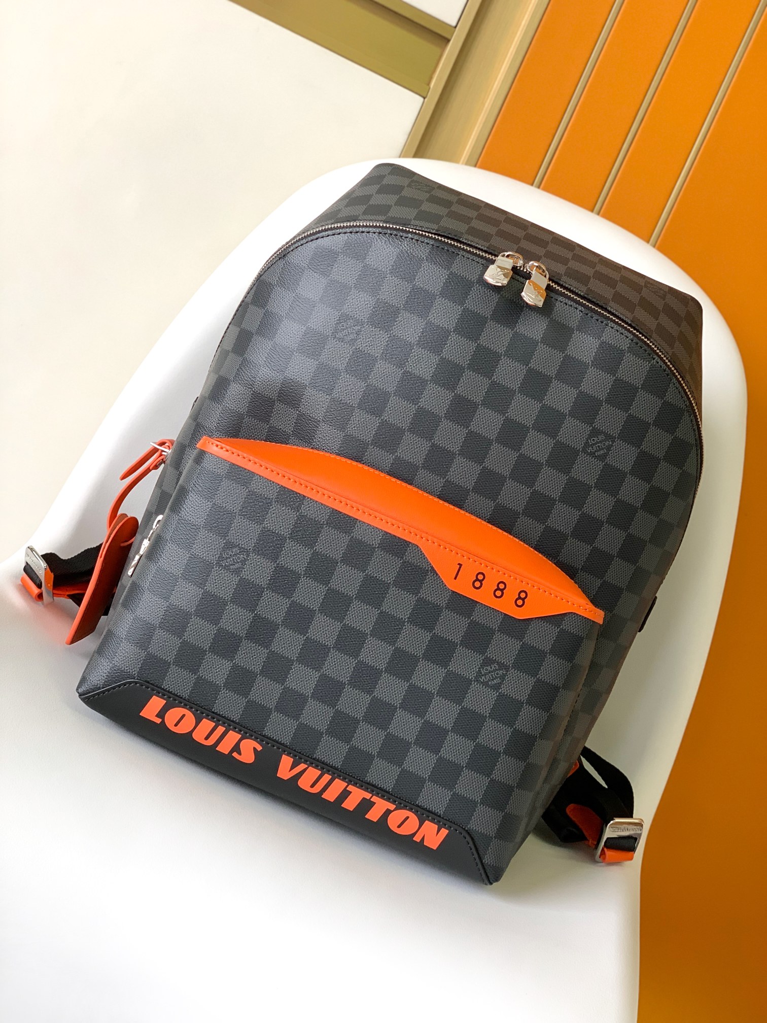 Louis Vuitton LV Discovery Copy
 Bags Backpack Orange Silver Damier Cobalt Canvas Cowhide Fabric Summer Collection Sweatpants N40157