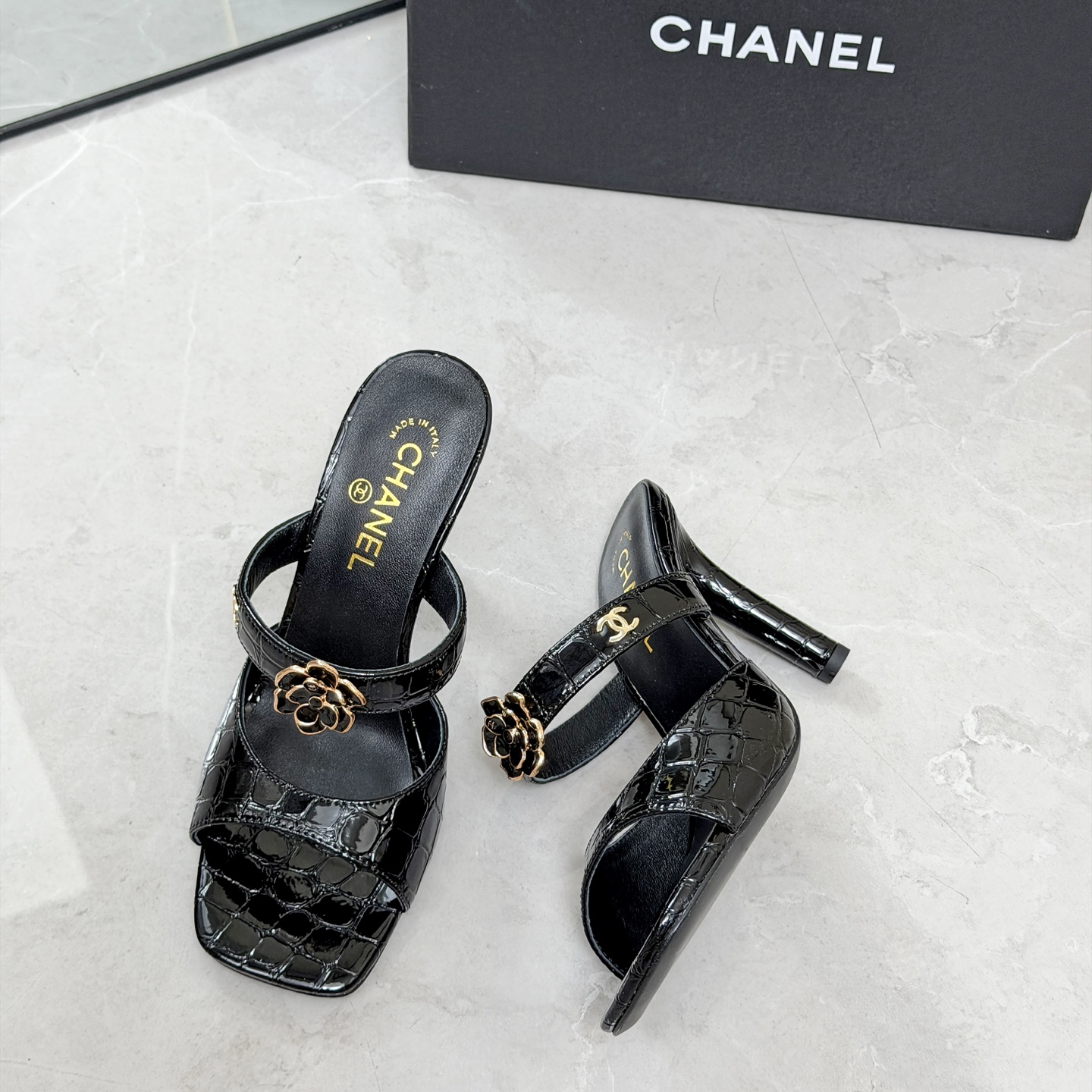 CHANEL Black Chain High Heel Mules
