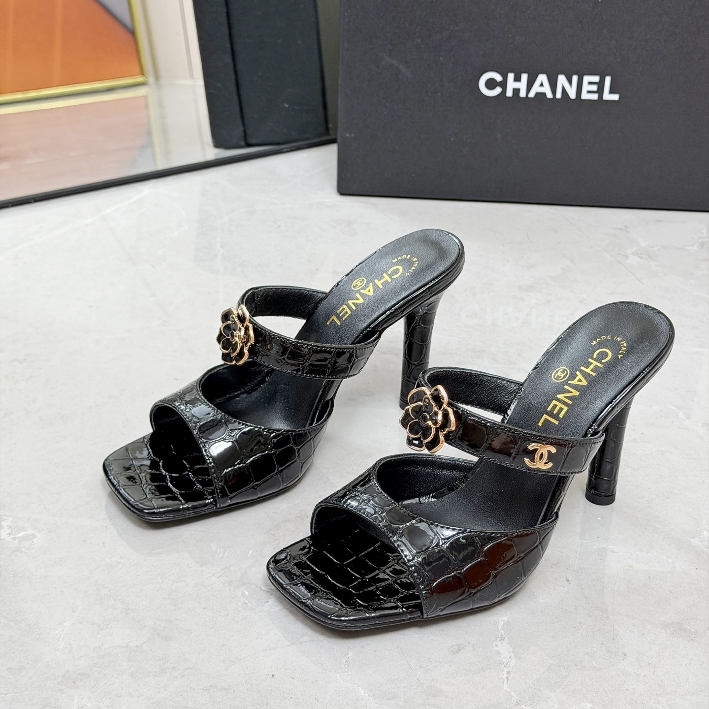 CHANEL Black Chain High Heel Mules