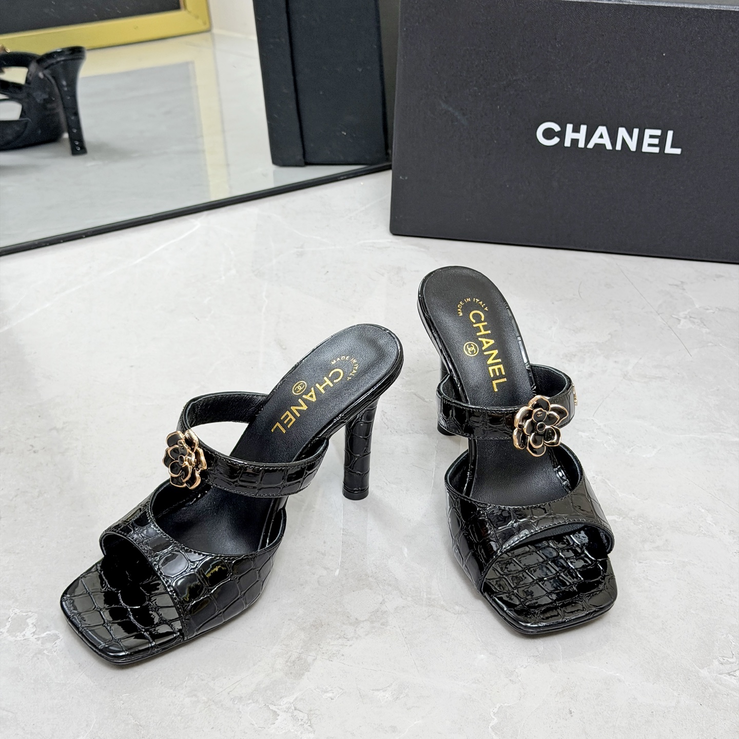 CHANEL Black Chain High Heel Mules