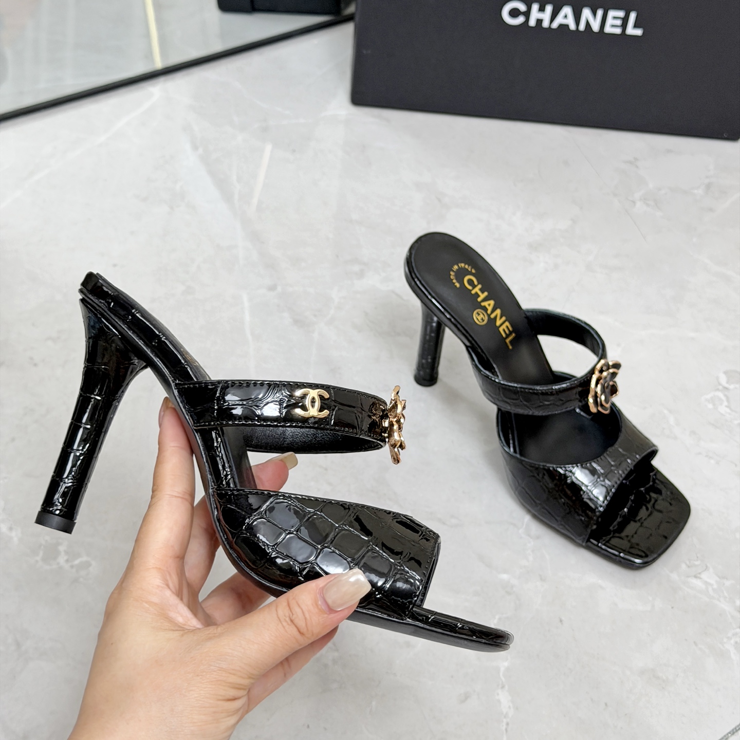 CHANEL Black Chain High Heel Mules