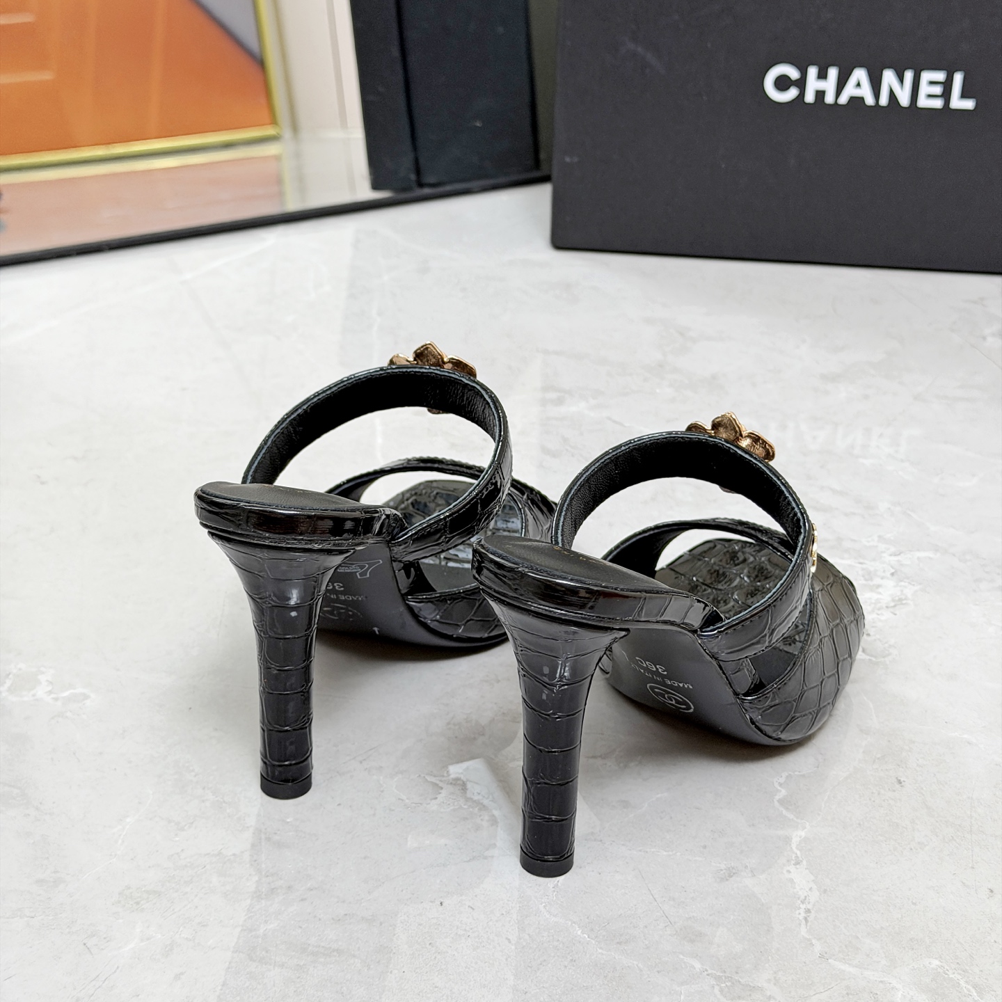 CHANEL Black Chain High Heel Mules