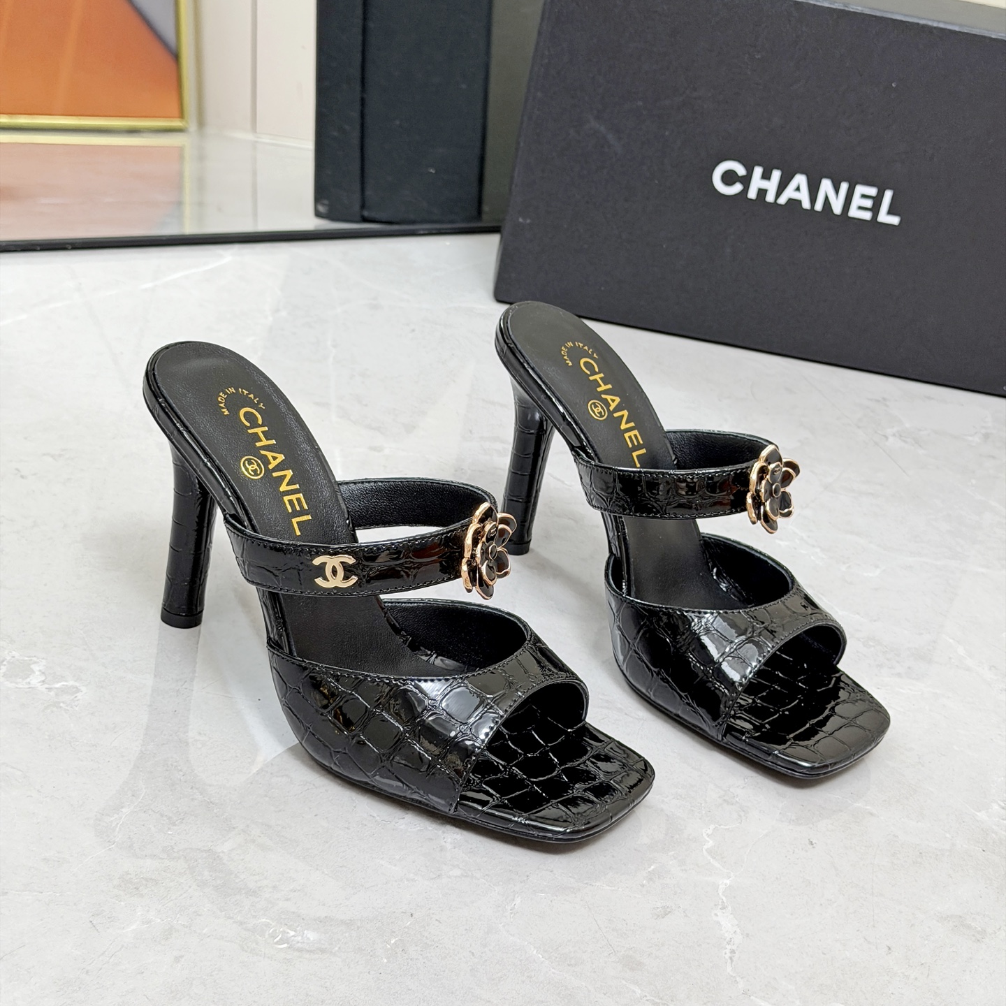 CHANEL Black Chain High Heel Mules